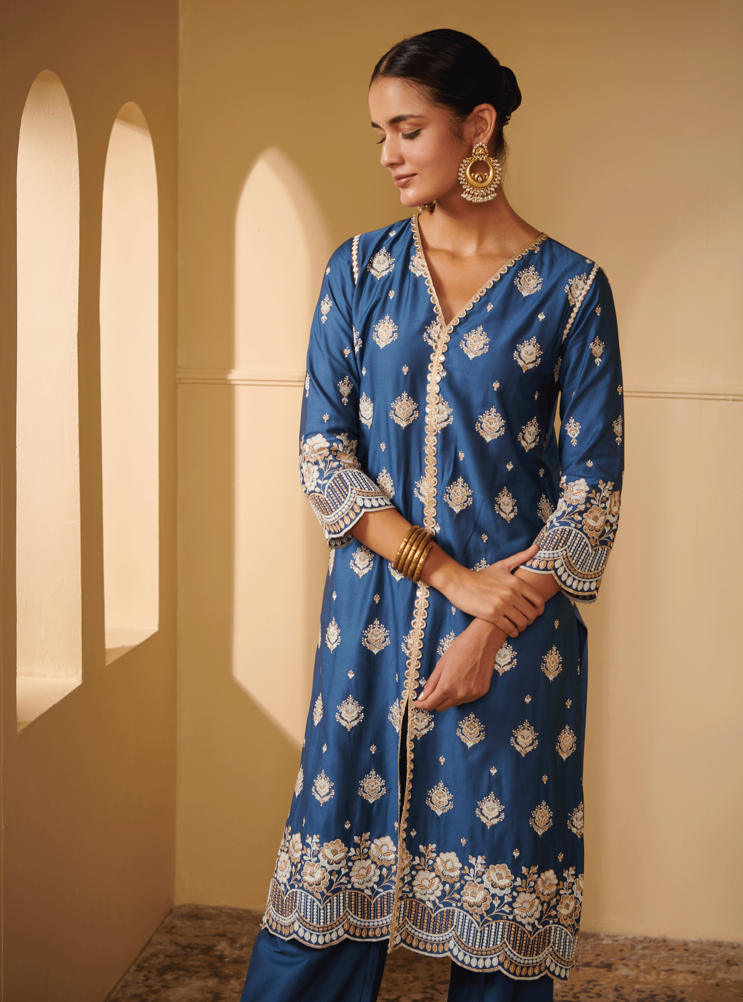 Periyar Pima Satin Navy Kurta Set