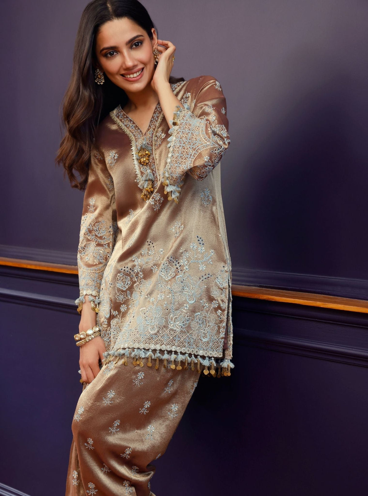 Lovi Tissue Pista Brown Kurta Set
