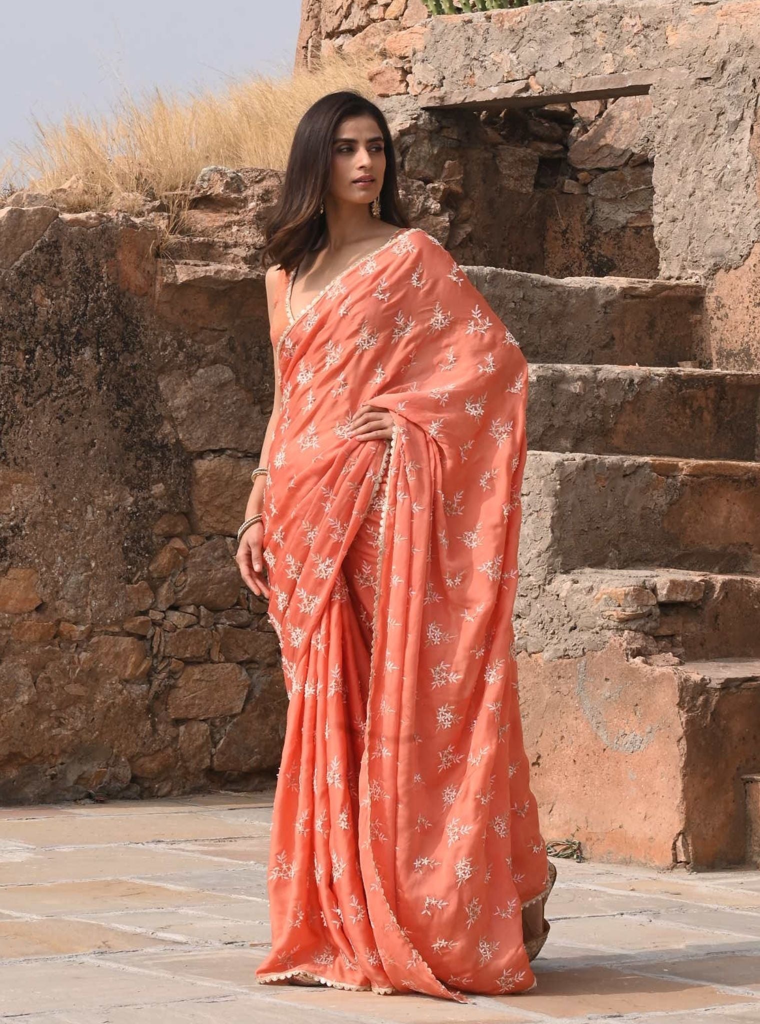 Mitwa Organza Satin Burnt Orange Saree