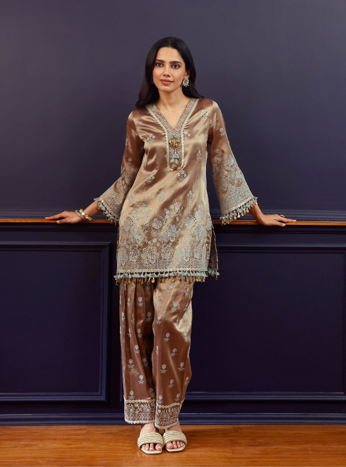 Lovi Tissue Pista Brown Kurta Set