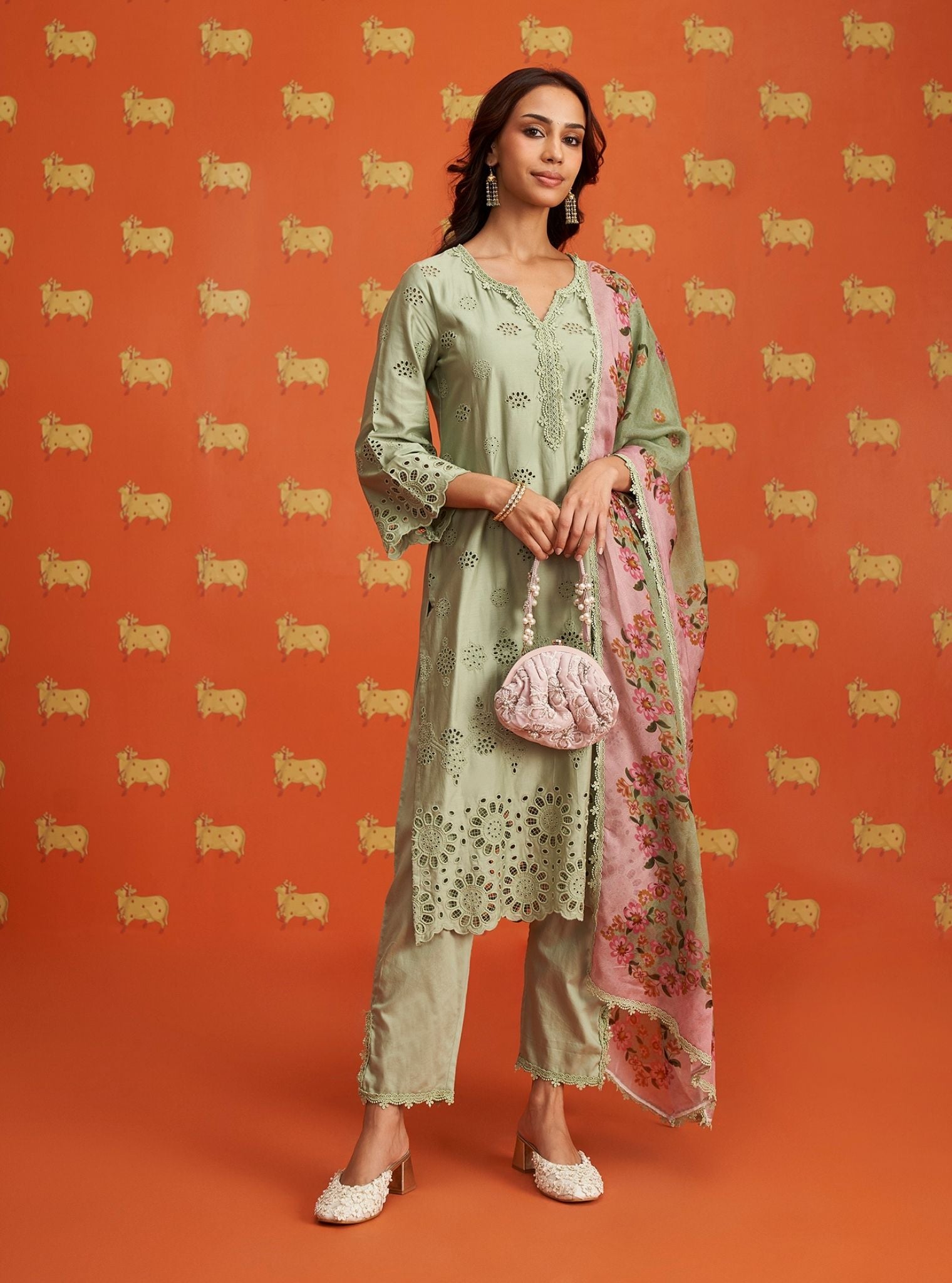 Pensri Pima Satin Green Kurta Set