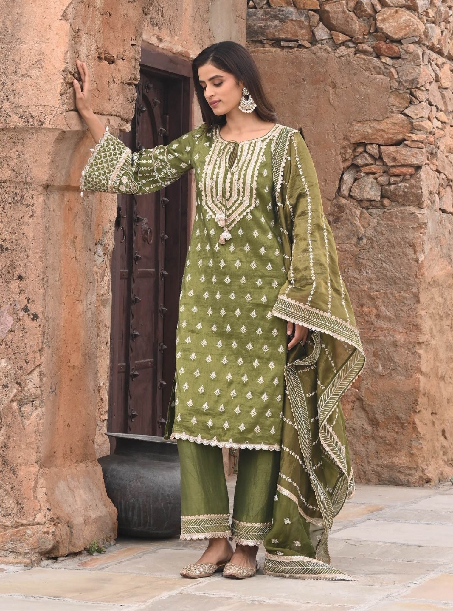 Dholna Luxe Tissue Satin Moss Green Kurta Set