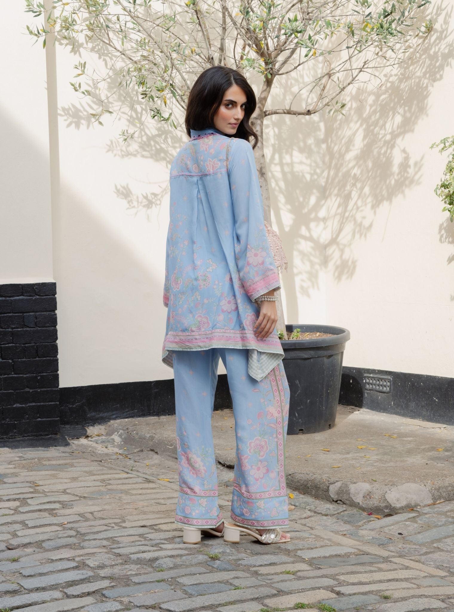 Odelle Lawn Printed Steel Blue Shirt Set