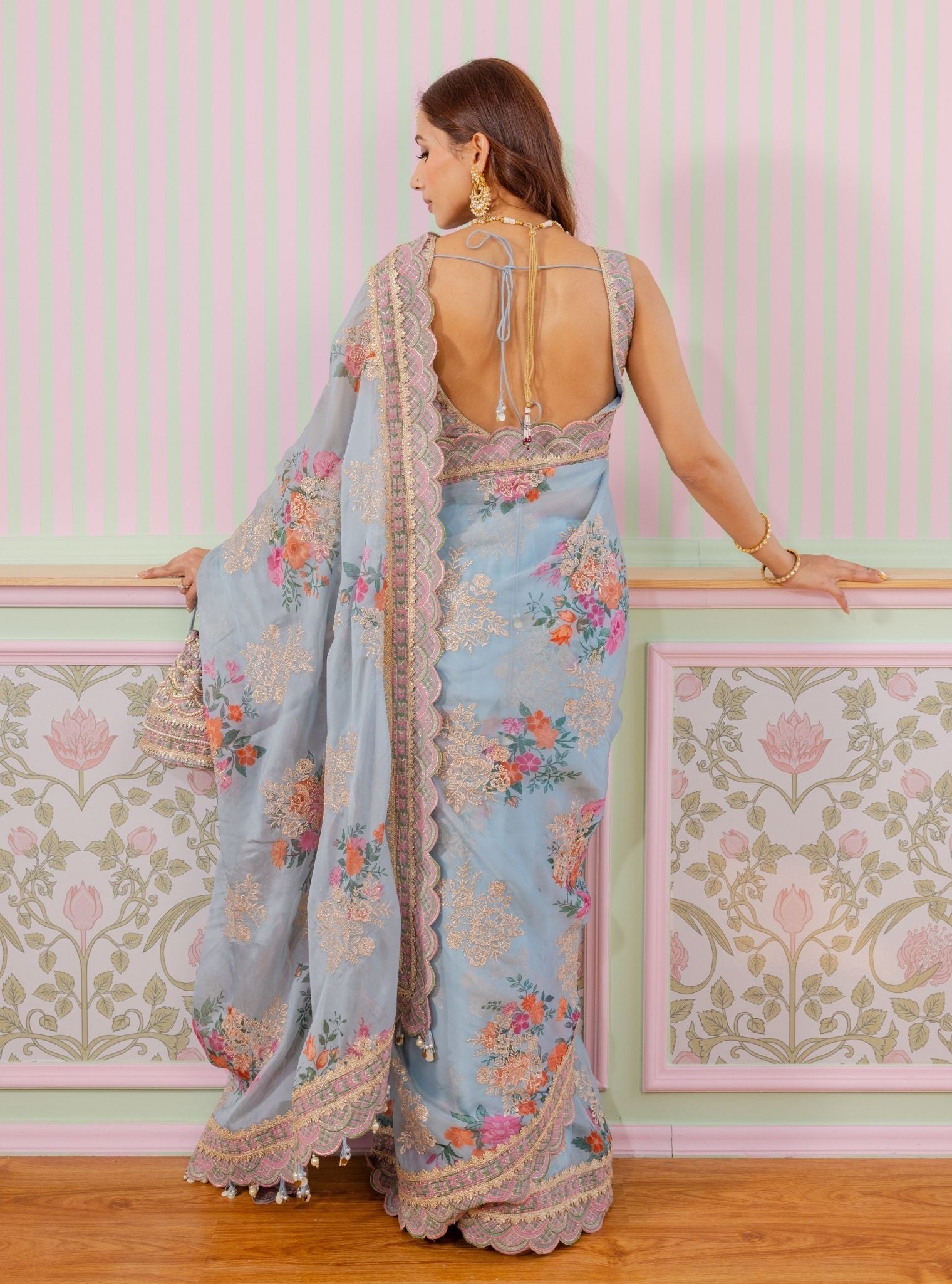 Swar Organza Printed Grey Blue Saree