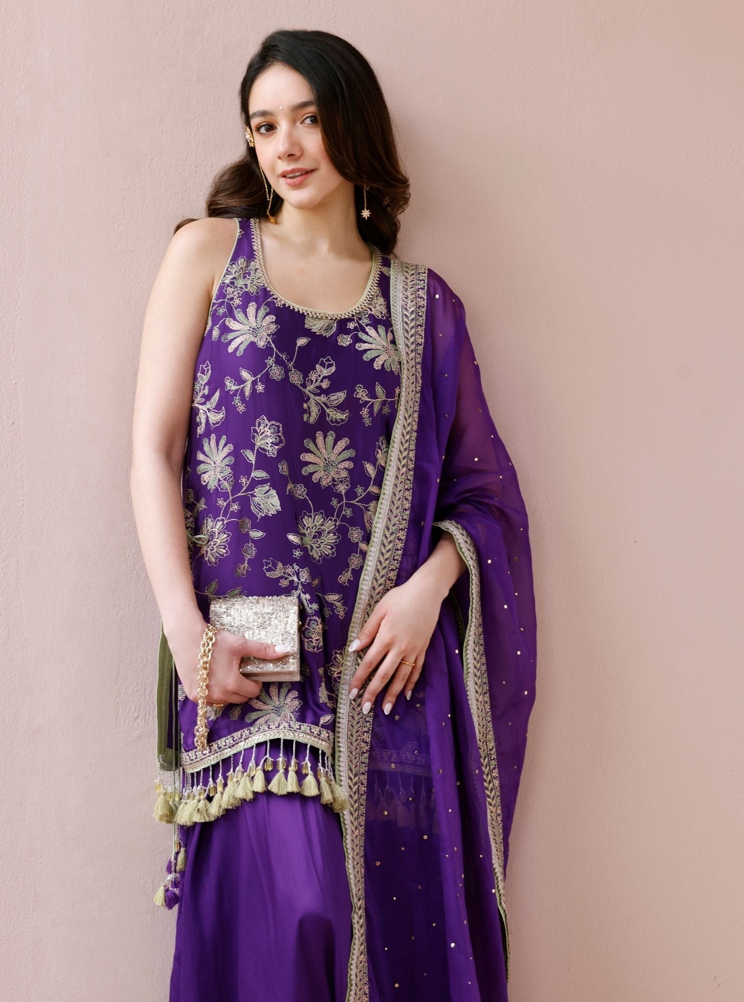 Zani Cupro Satin Purple Kurta with Draped Pants