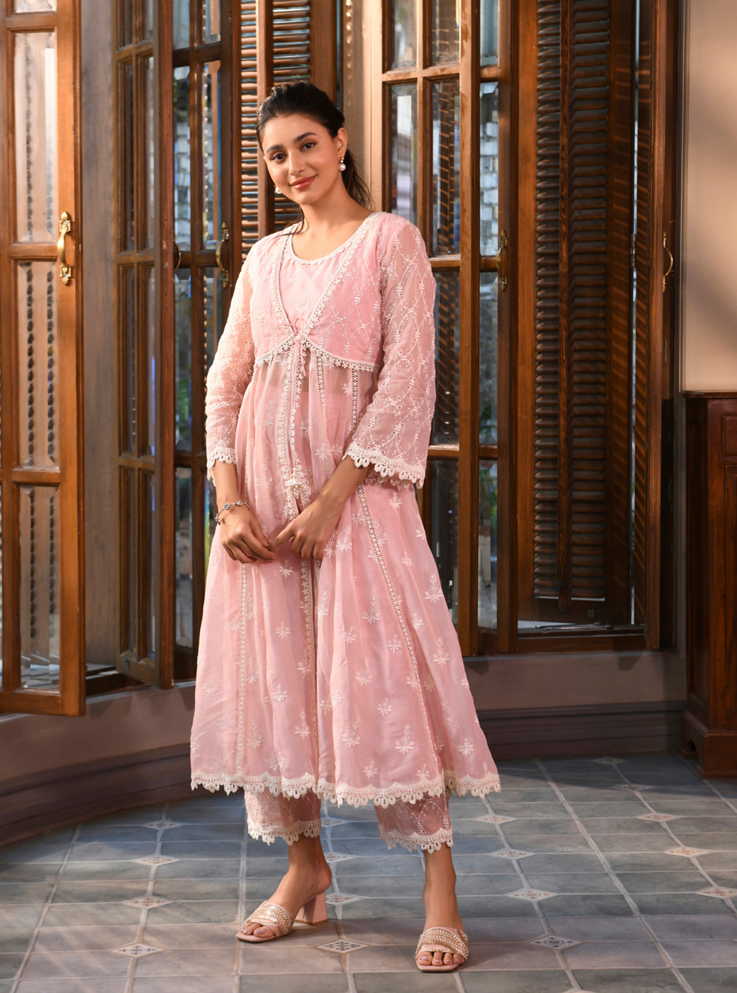 Nyla Organza Pink Anarkali Kurta Set