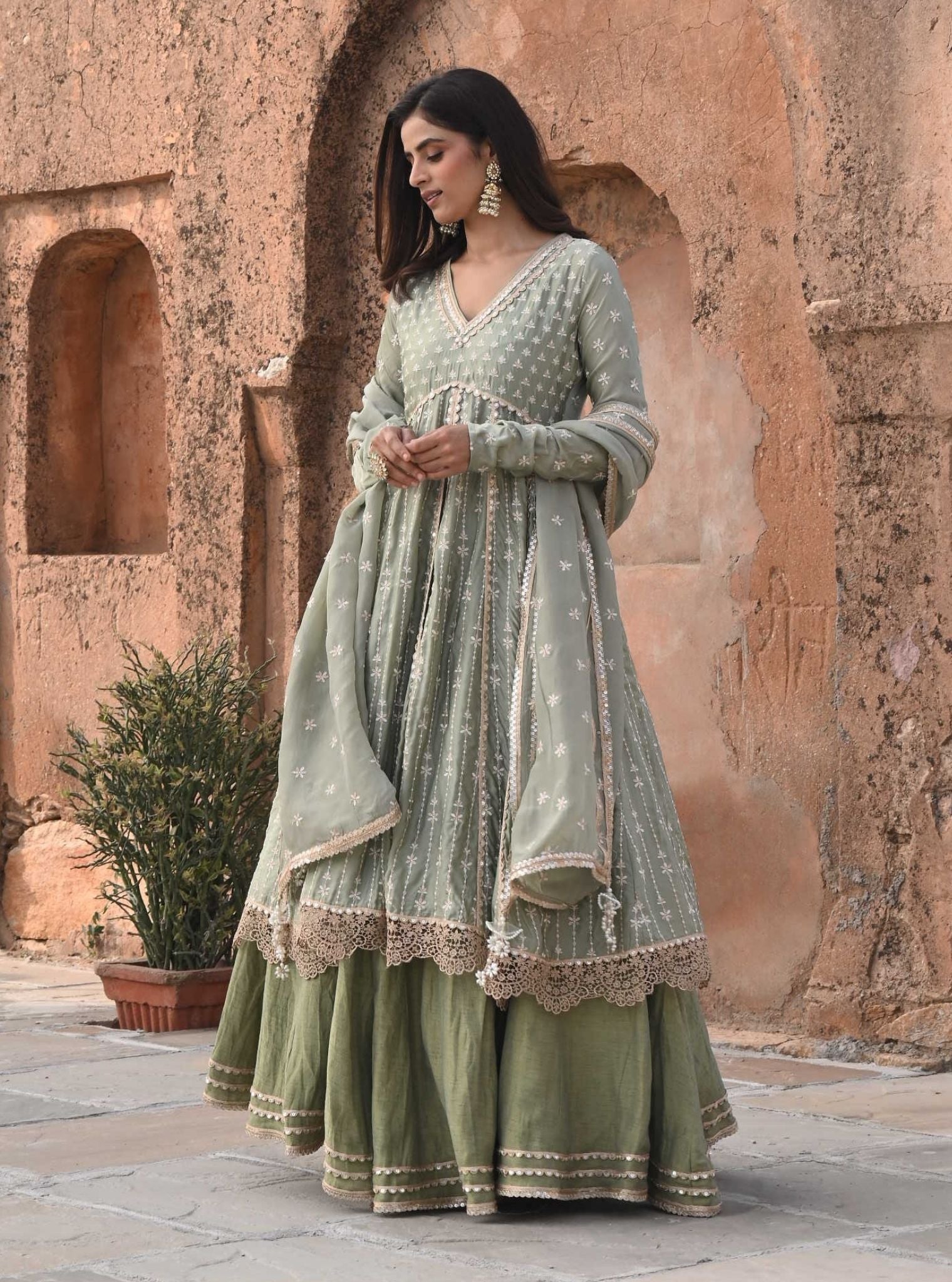 Jhoom Organza Satin Anarkali Sage Green Kurta with Lehenga Set