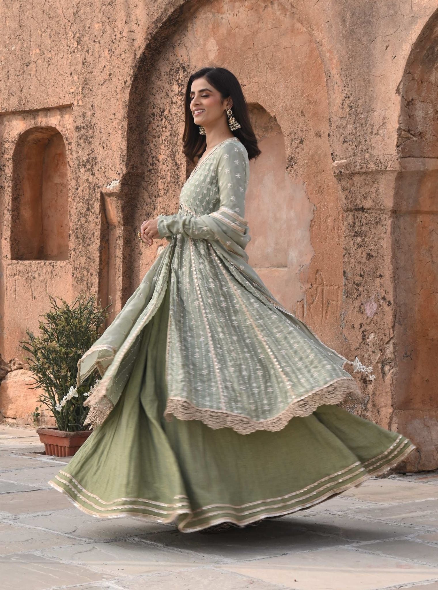 Jhoom Organza Satin Anarkali Sage Green Kurta with Lehenga Set