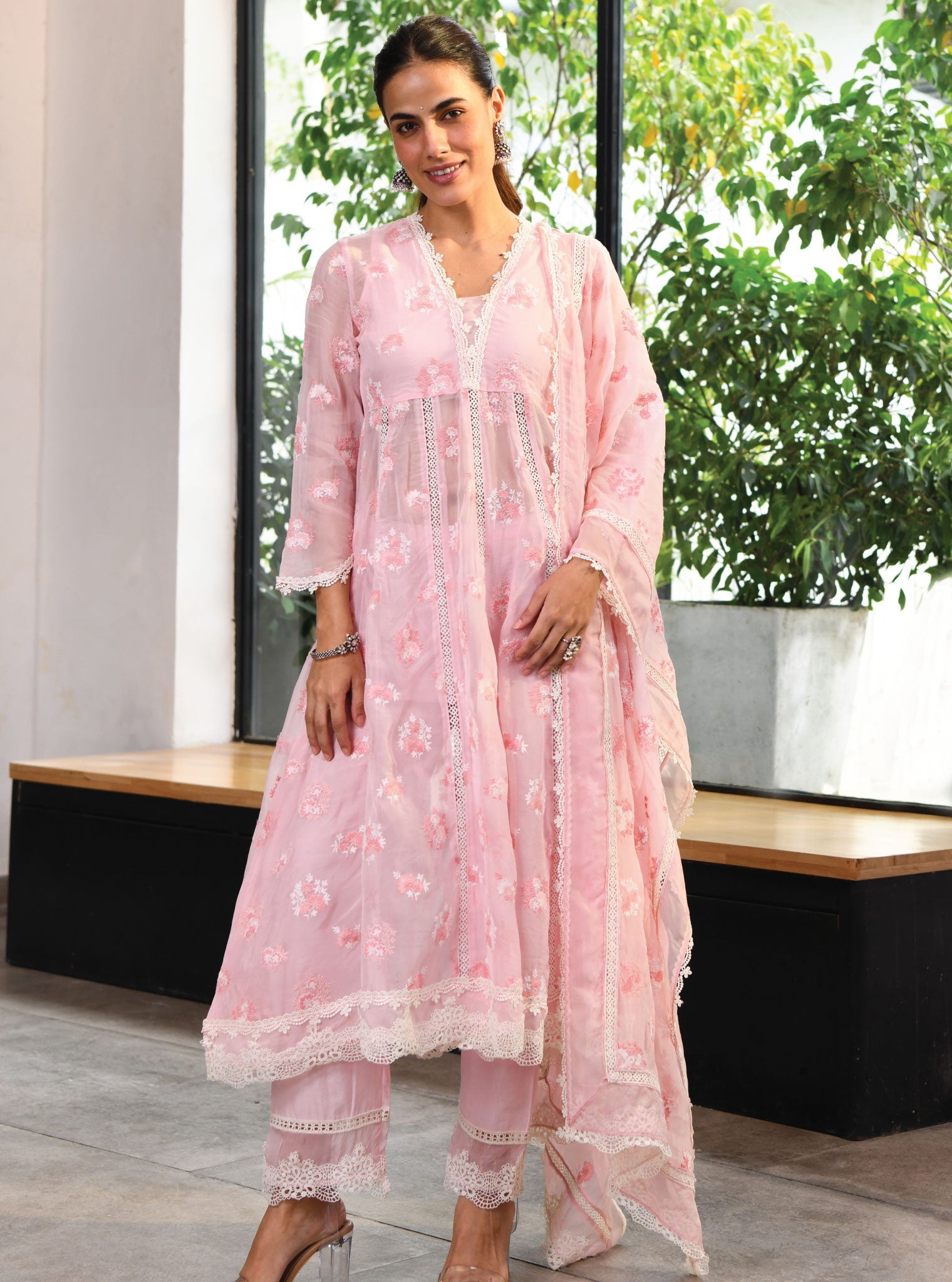 Stirling Organza Pink Anarkali Kurta Set
