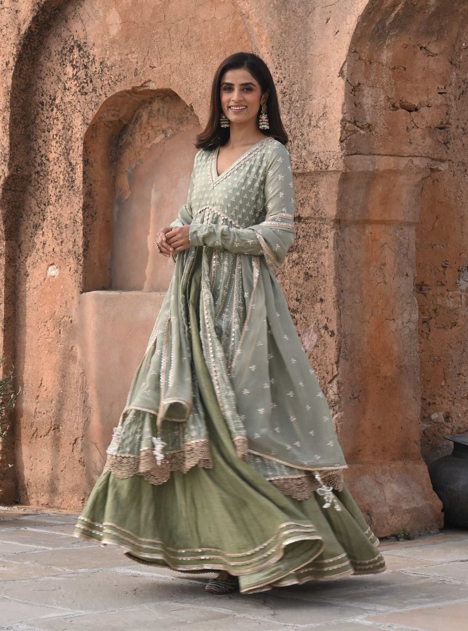 Jhoom Organza Satin Anarkali Sage Green Kurta with Lehenga Set
