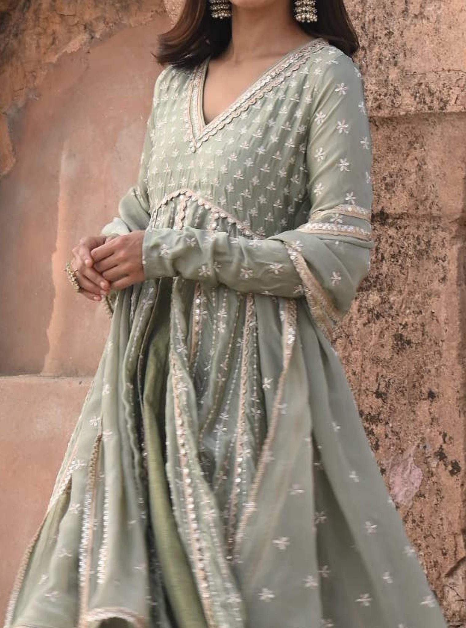 Jhoom Organza Satin Anarkali Sage Green Kurta with Lehenga Set
