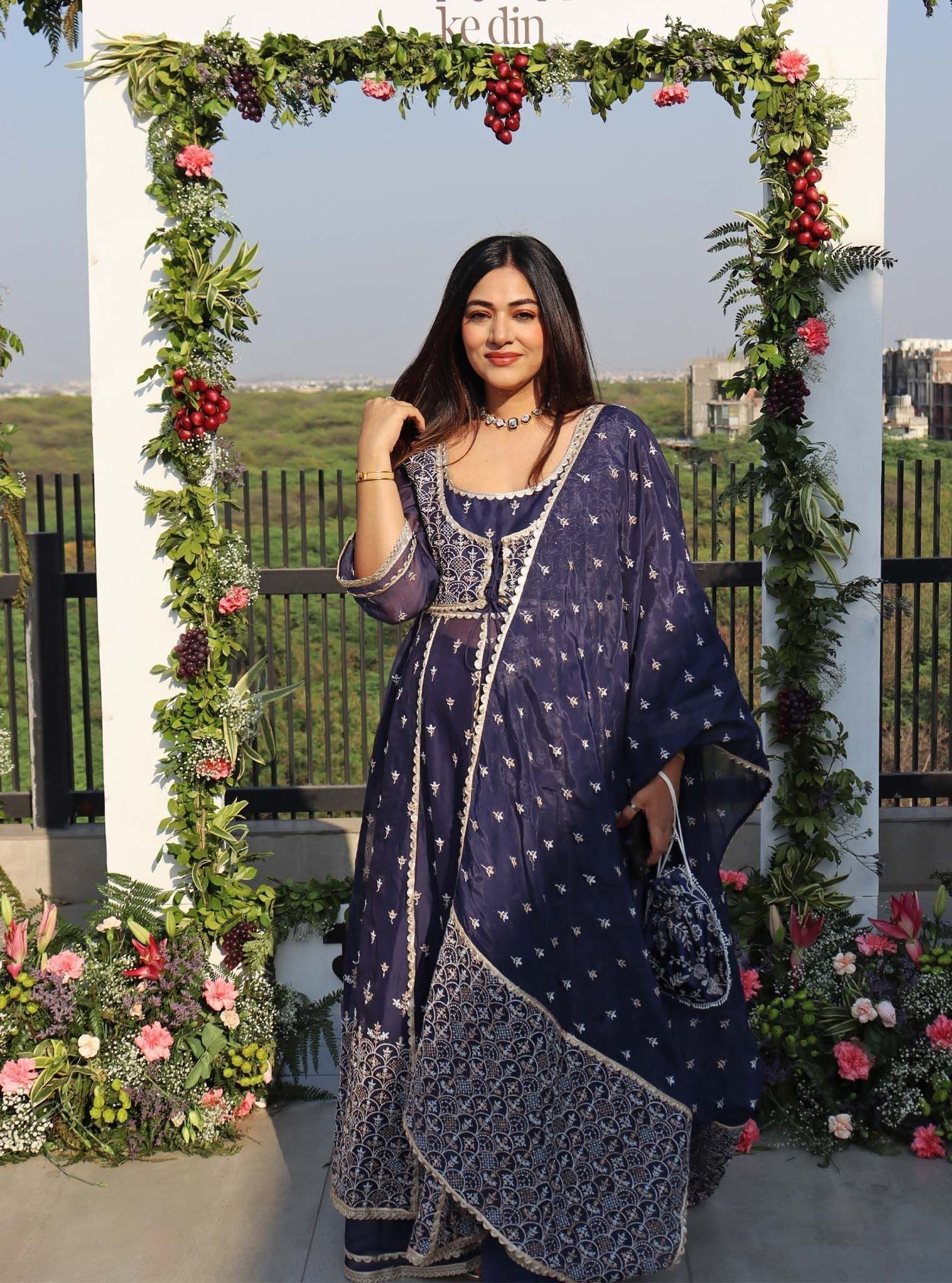 Sheri Organza Anarkali Navy Kurta with Sharara Set