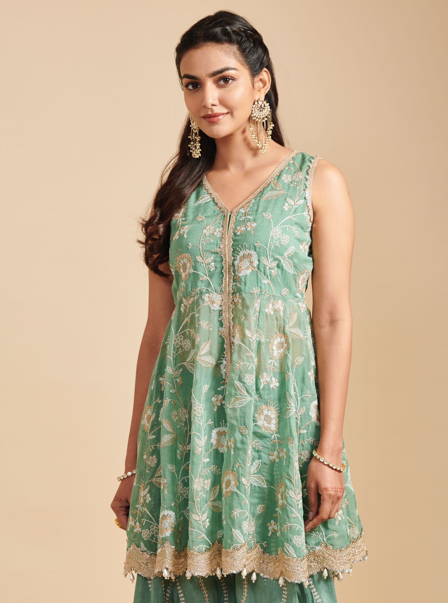 Lashkara Organza Short Anarkali Green Kurta with Sharara Set