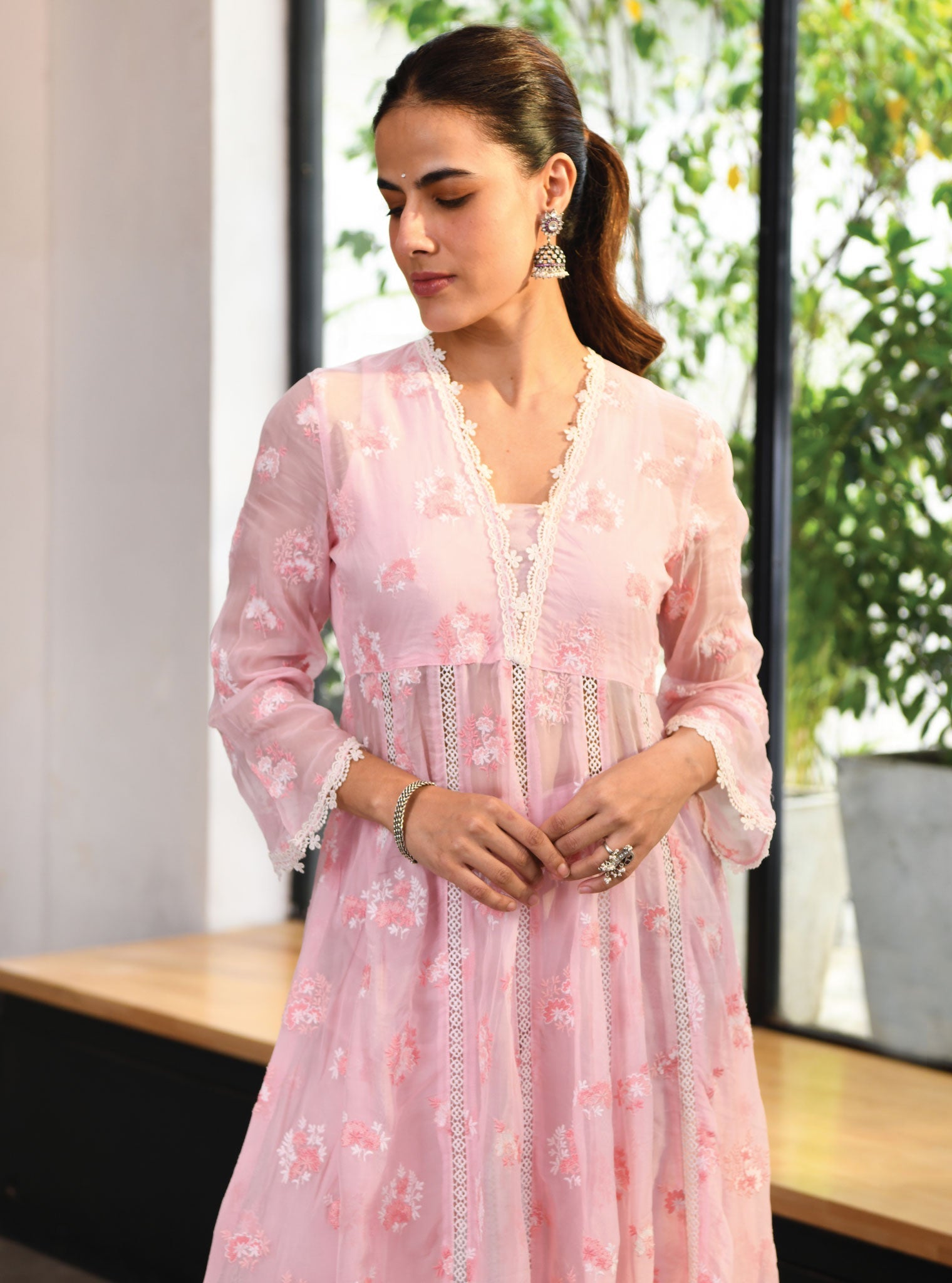 Stirling Organza Pink Anarkali Kurta Set