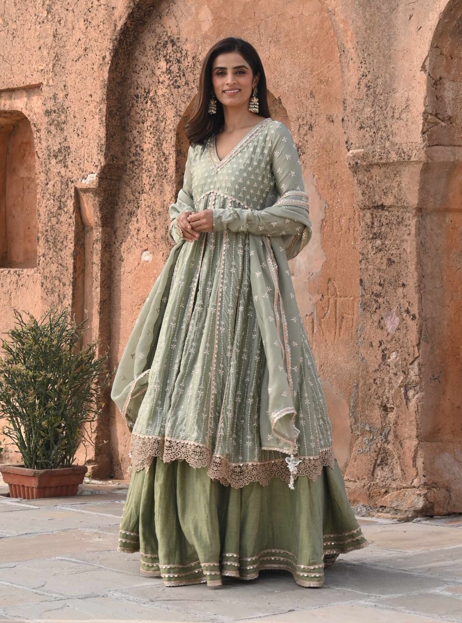 Jhoom Organza Satin Anarkali Sage Green Kurta with Lehenga Set