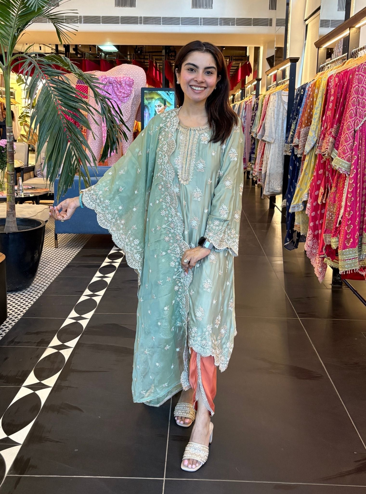 Kangna Cupro Satin Sage Green Kurta with Burnt Orange Pant