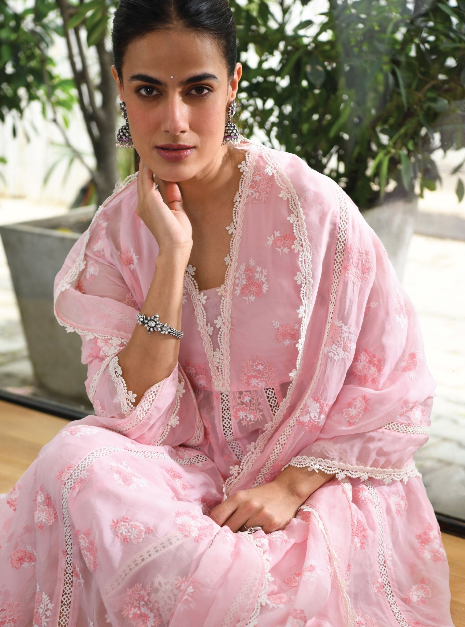 Stirling Organza Pink Anarkali Kurta Set