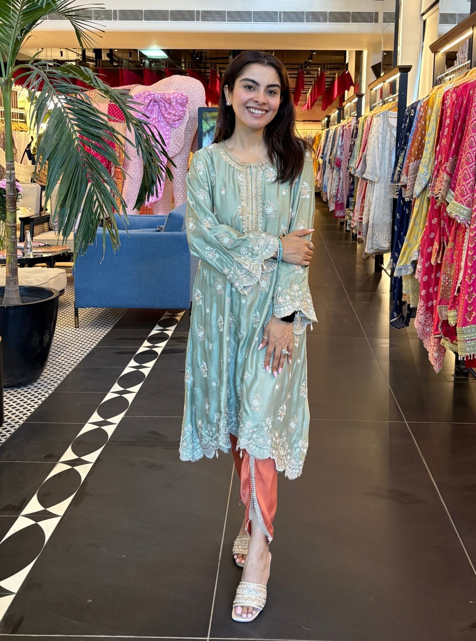 Kangna Cupro Satin Sage Green Kurta with Burnt Orange Pant