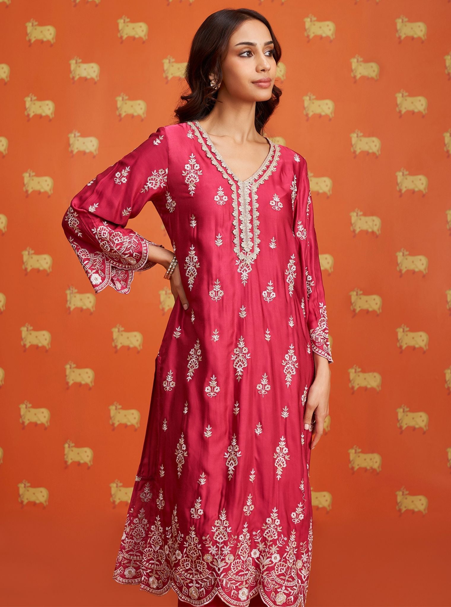 Emon Cupro Satin Fuschia Kurta With Orange Pant