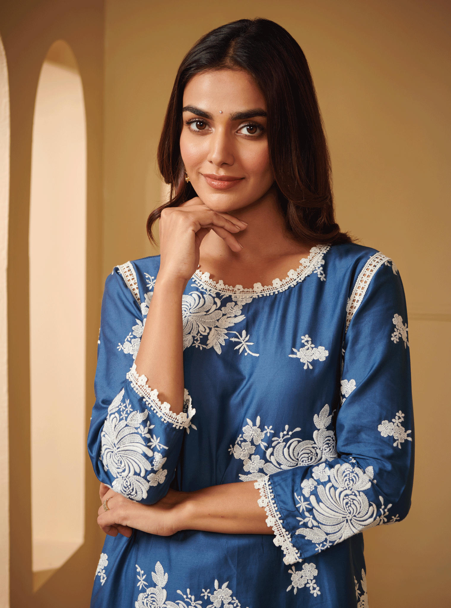 Sutlej Pima Satin Navy Kurta Set