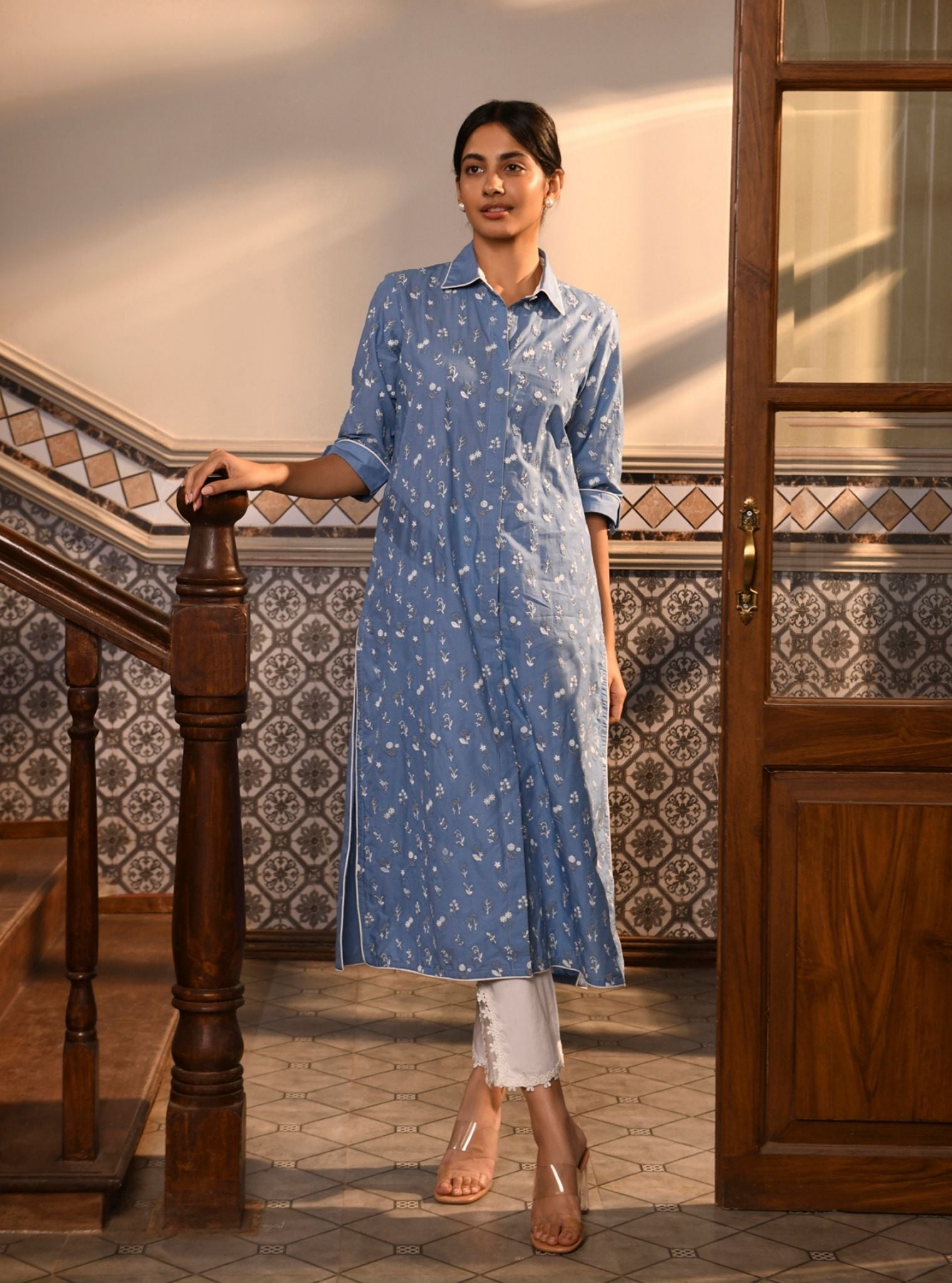Mahin Supima Cotton Blue Kurta With High Side Slit Pant