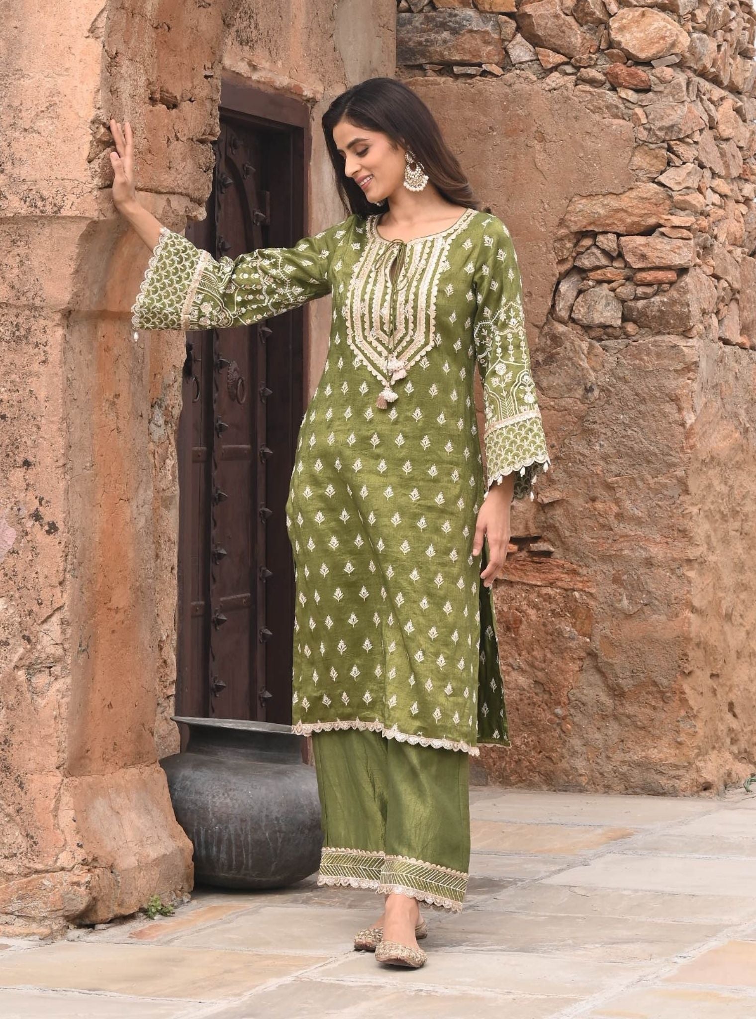 Dholna Luxe Tissue Satin Moss Green Kurta Set