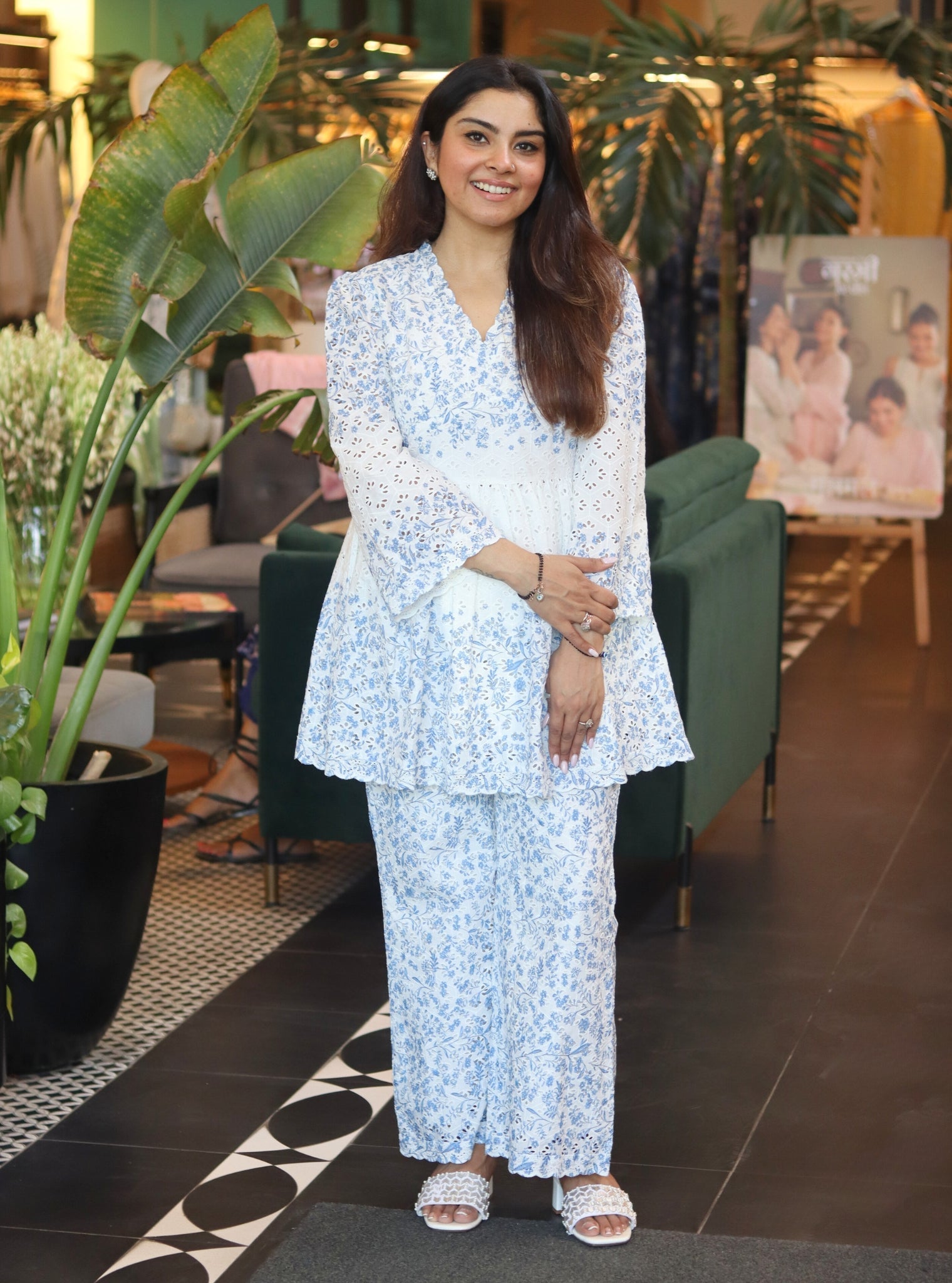 Frida Supima Cotton White Blue Print Co-ord Set