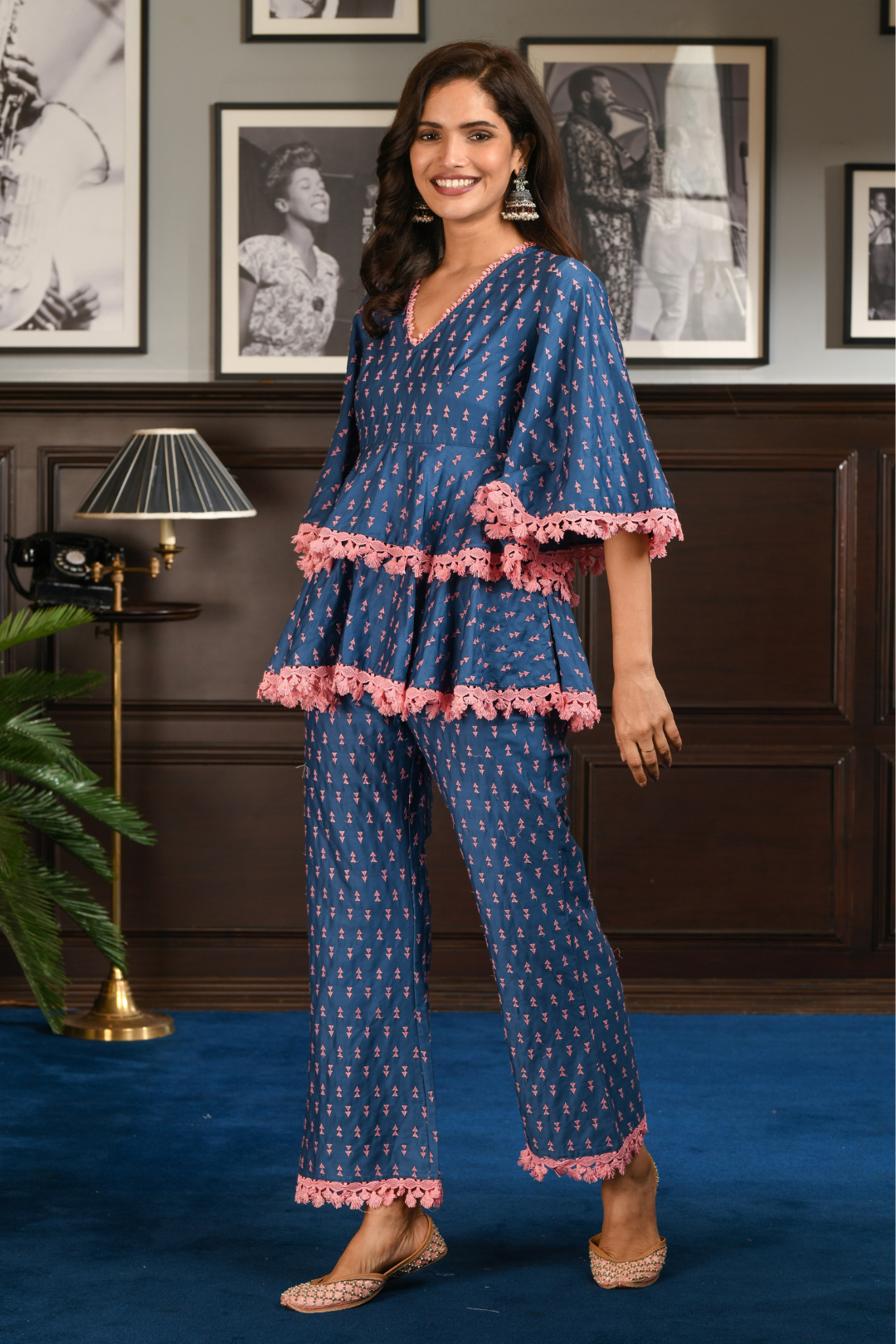 Pima Satin Ancel Kurta With Ancle pyajama Blue