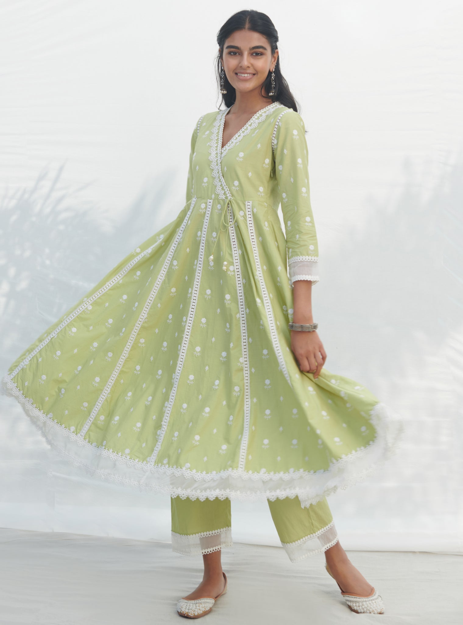Arambol Supima Cotton Lime Anarkali Kurta Set