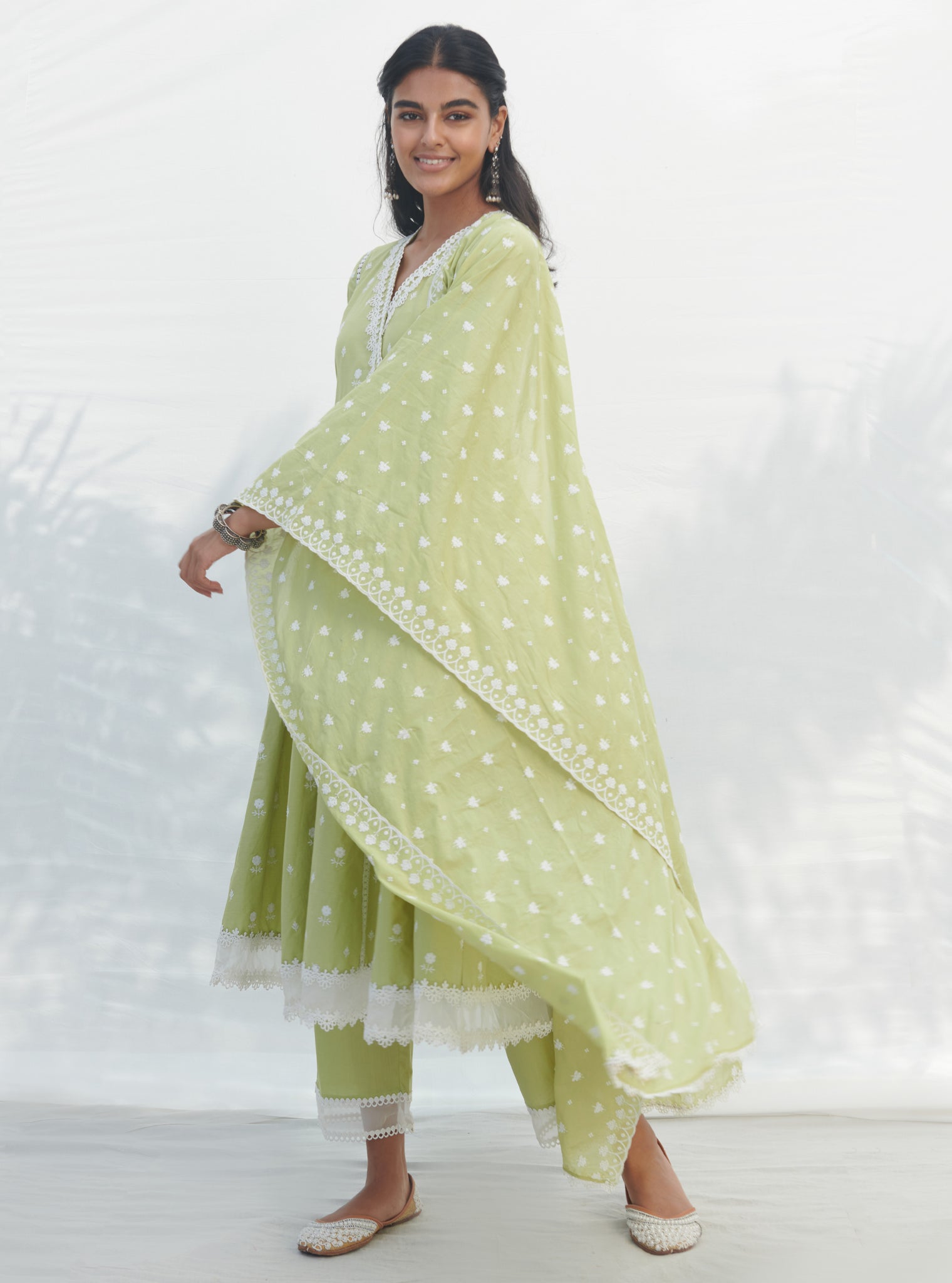 Arambol Supima Cotton Lime Anarkali Kurta Set