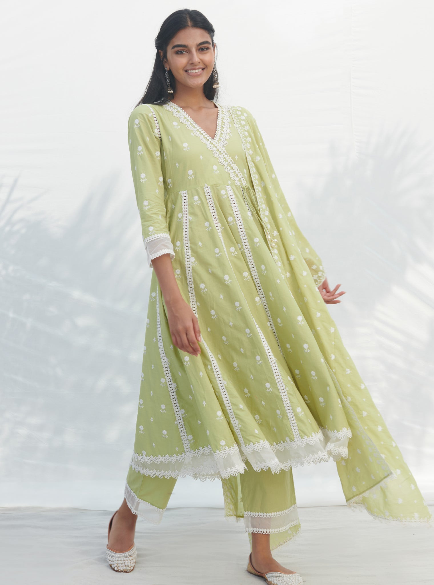 Arambol Supima Cotton Lime Anarkali Kurta Set