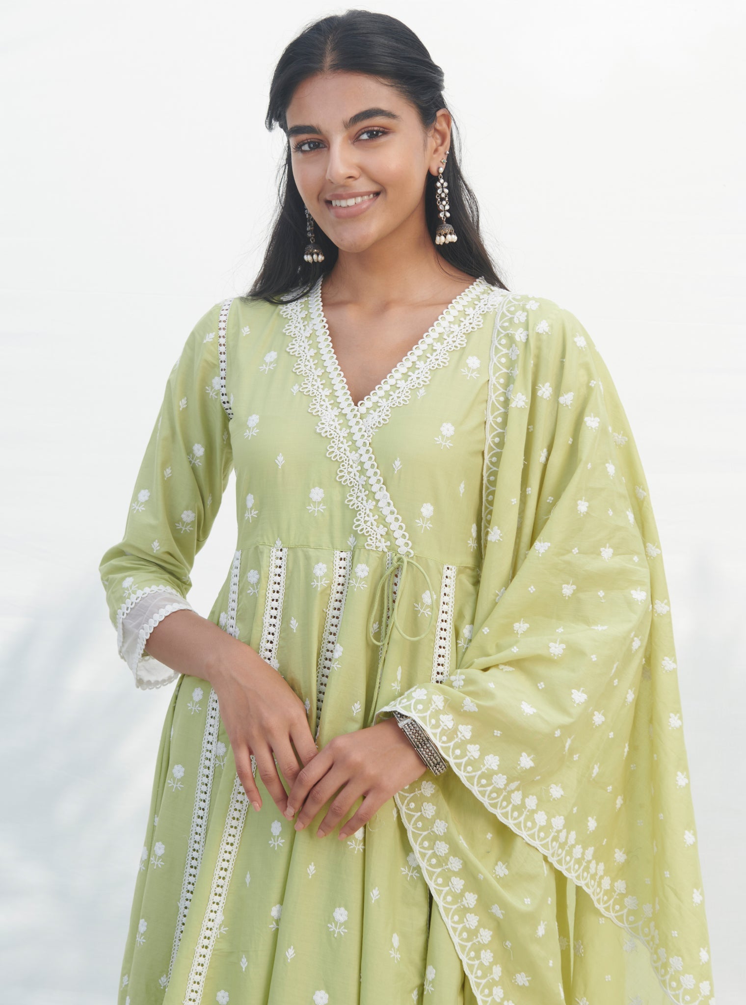 Arambol Supima Cotton Lime Anarkali Kurta Set