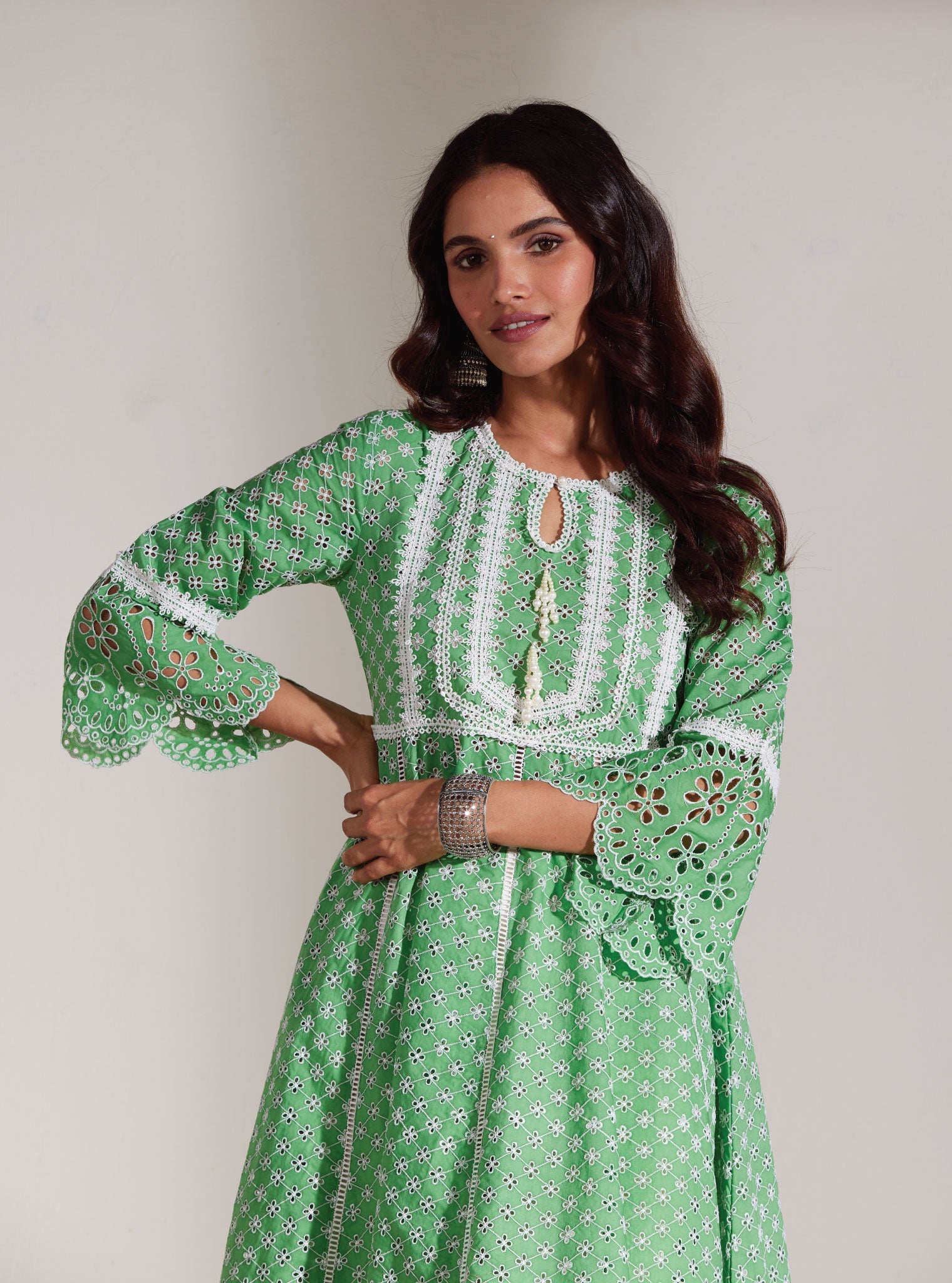 Mulmul Supima Cotton Arris Green Anarkali  Kurta