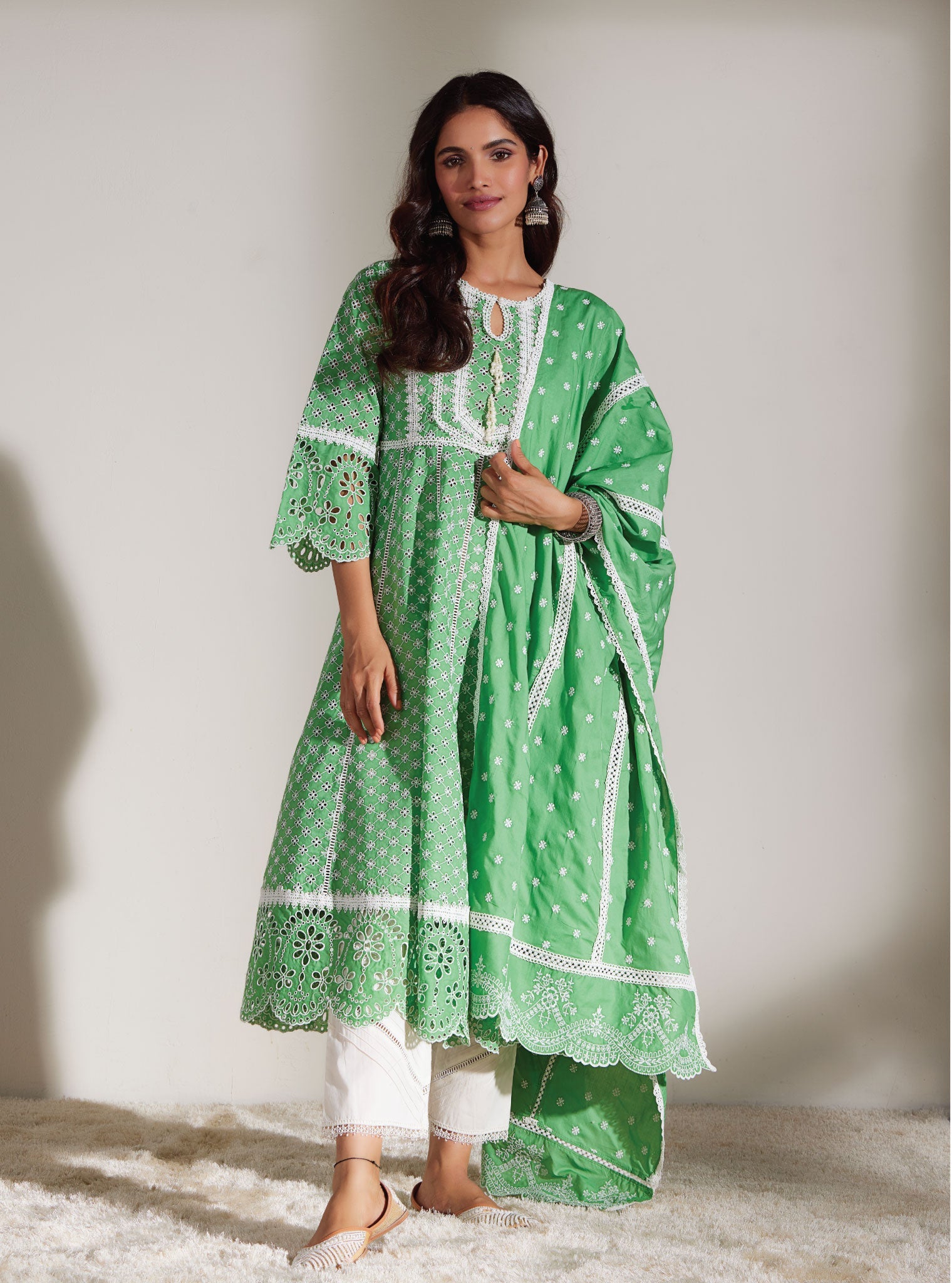 Arris Supima Cotton Green Anarkali Kurta Set