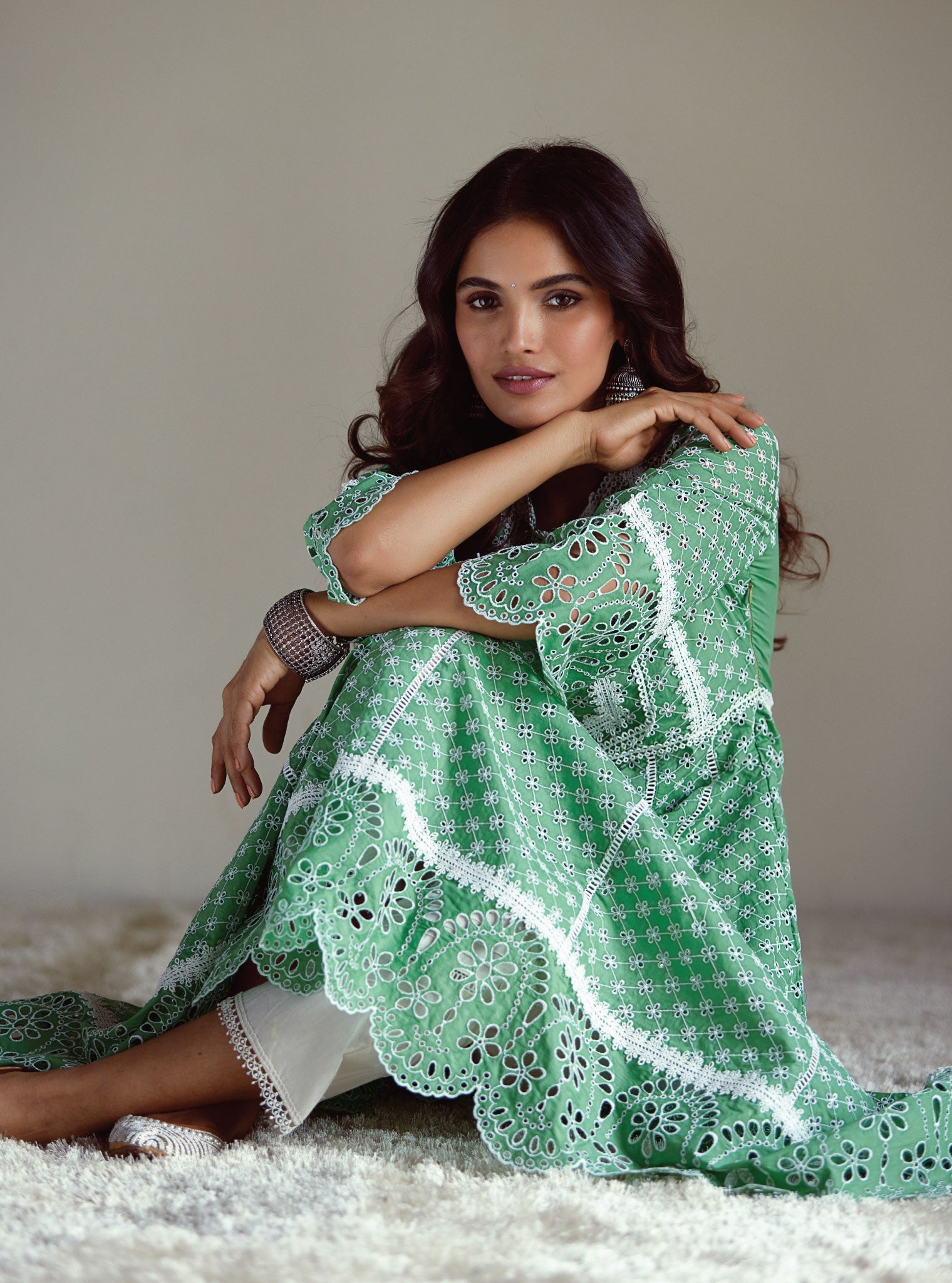 Mulmul Supima Cotton Arris Green Anarkali  Kurta