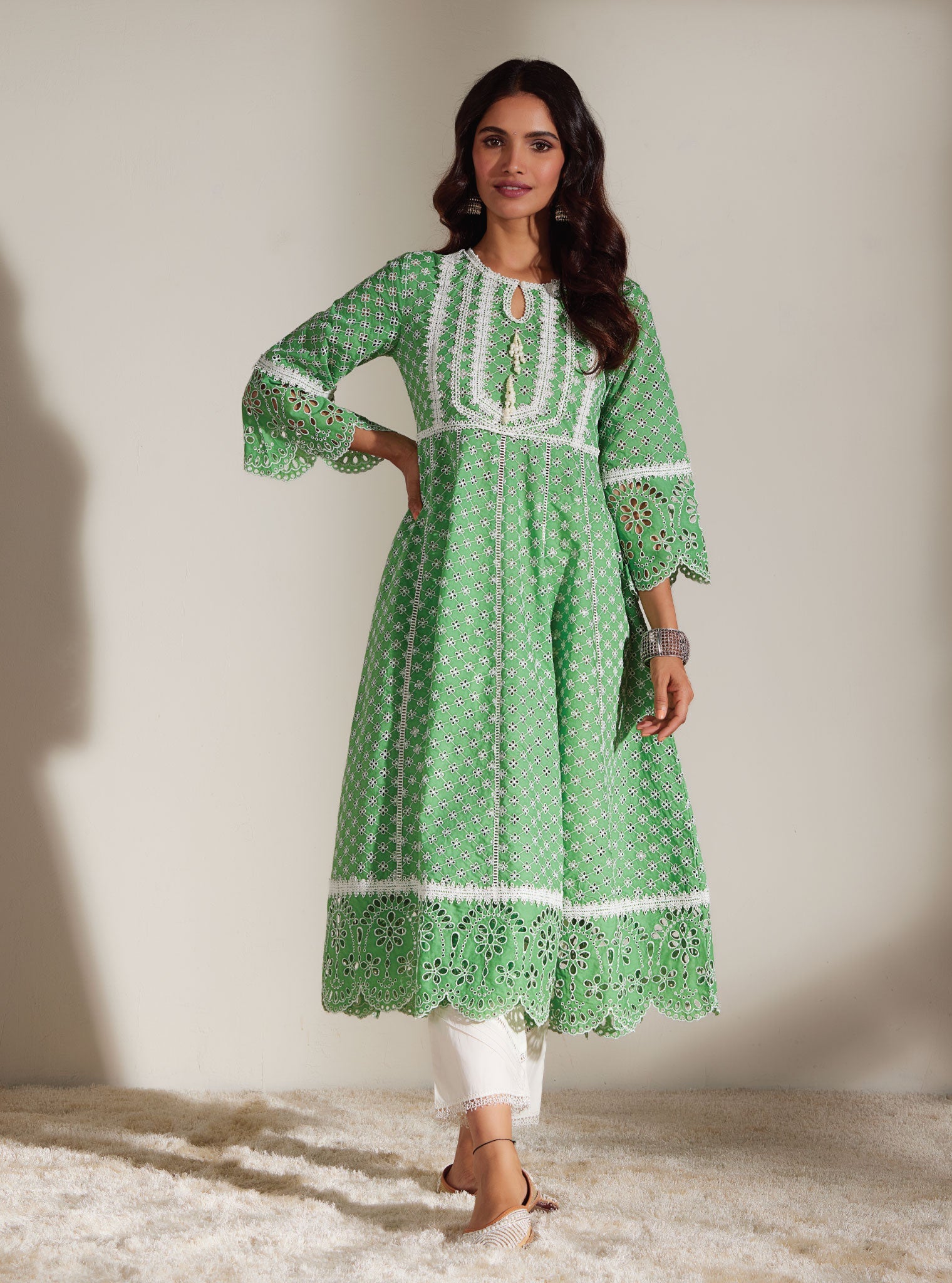 Arris Supima Cotton Green Anarkali Kurta Set