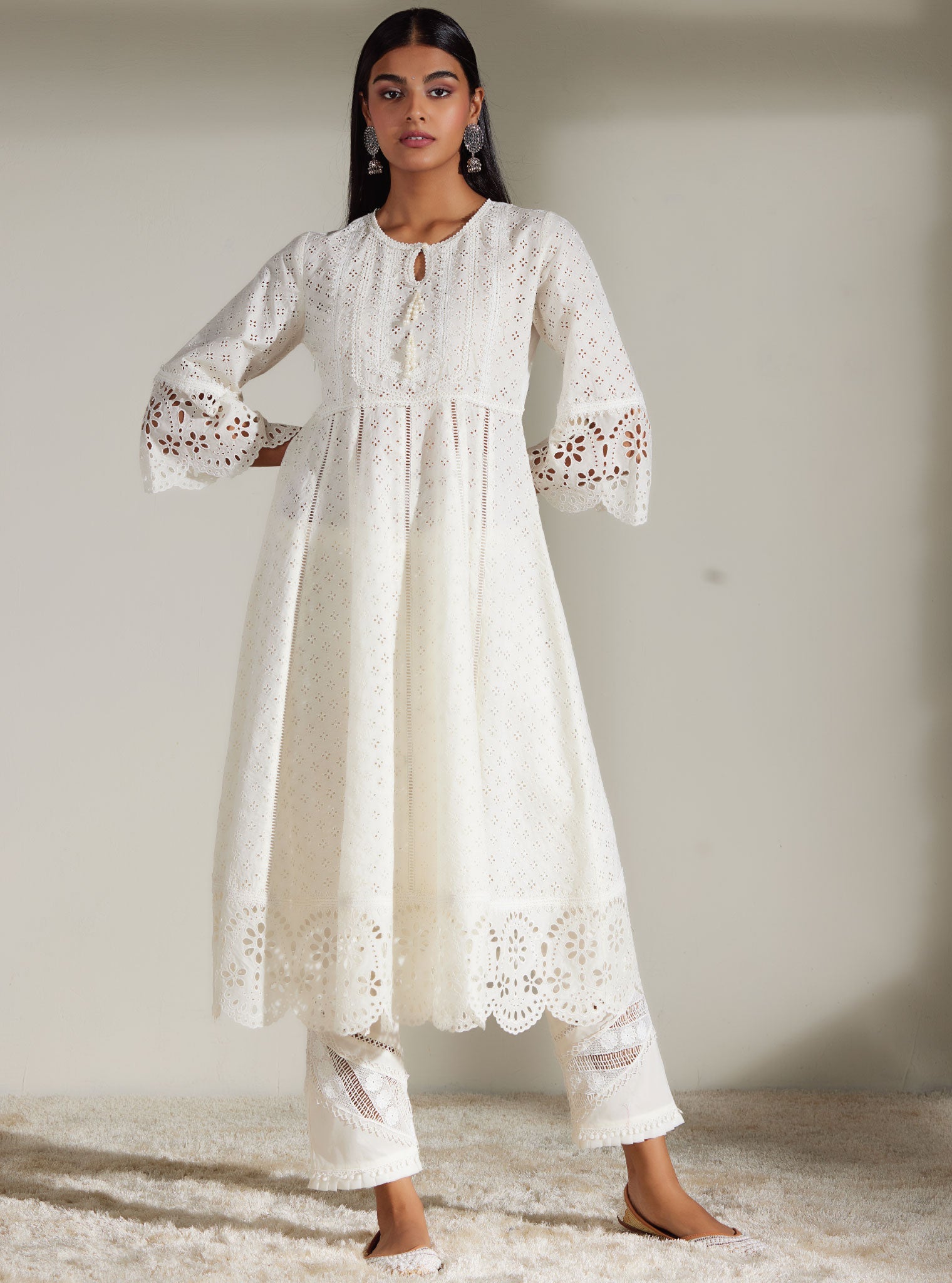 Mulmul Supima Cotton Arris White Anarkali  Kurta