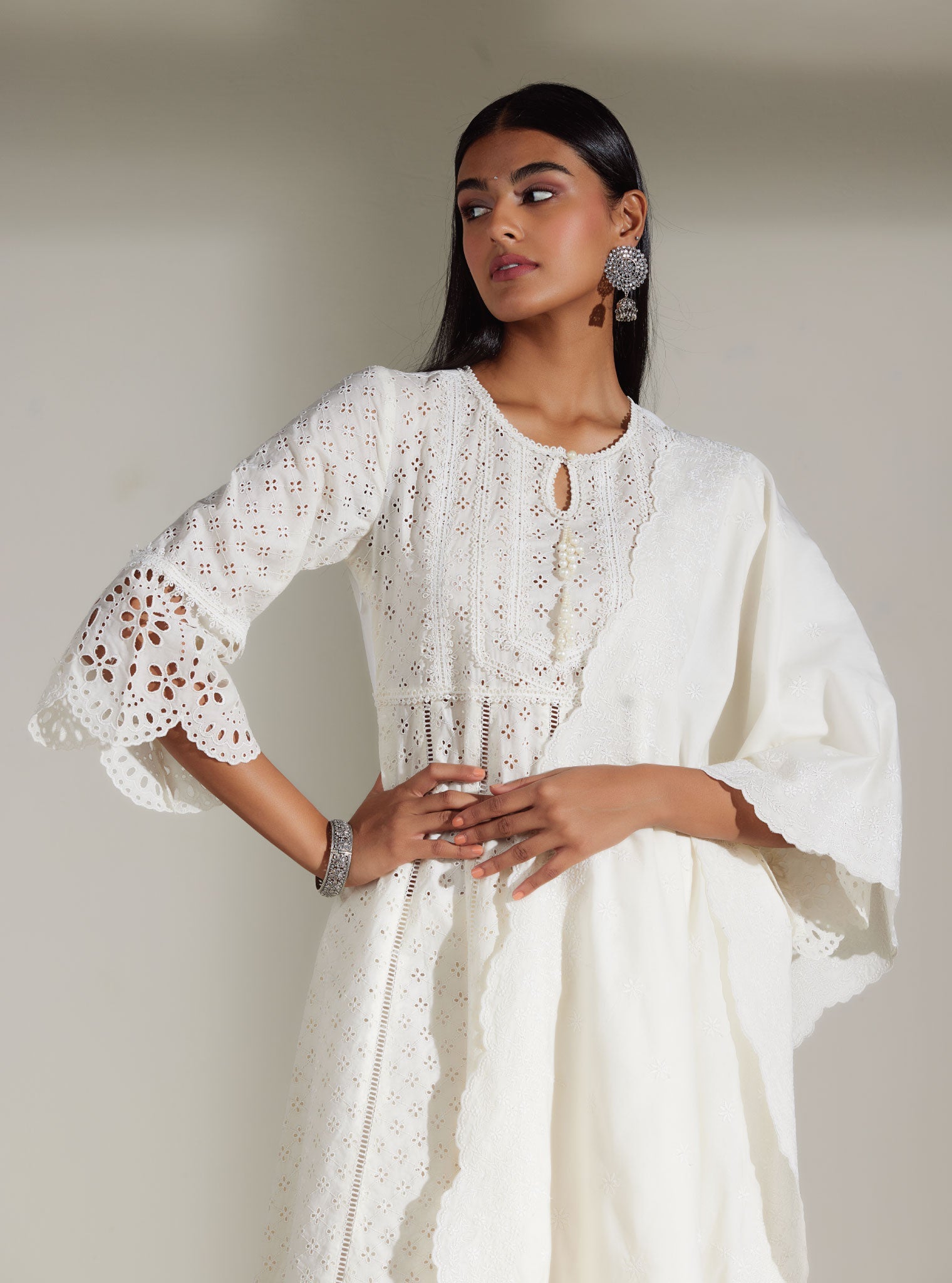 Mulmul Supima Cotton Arris White Anarkali  Kurta