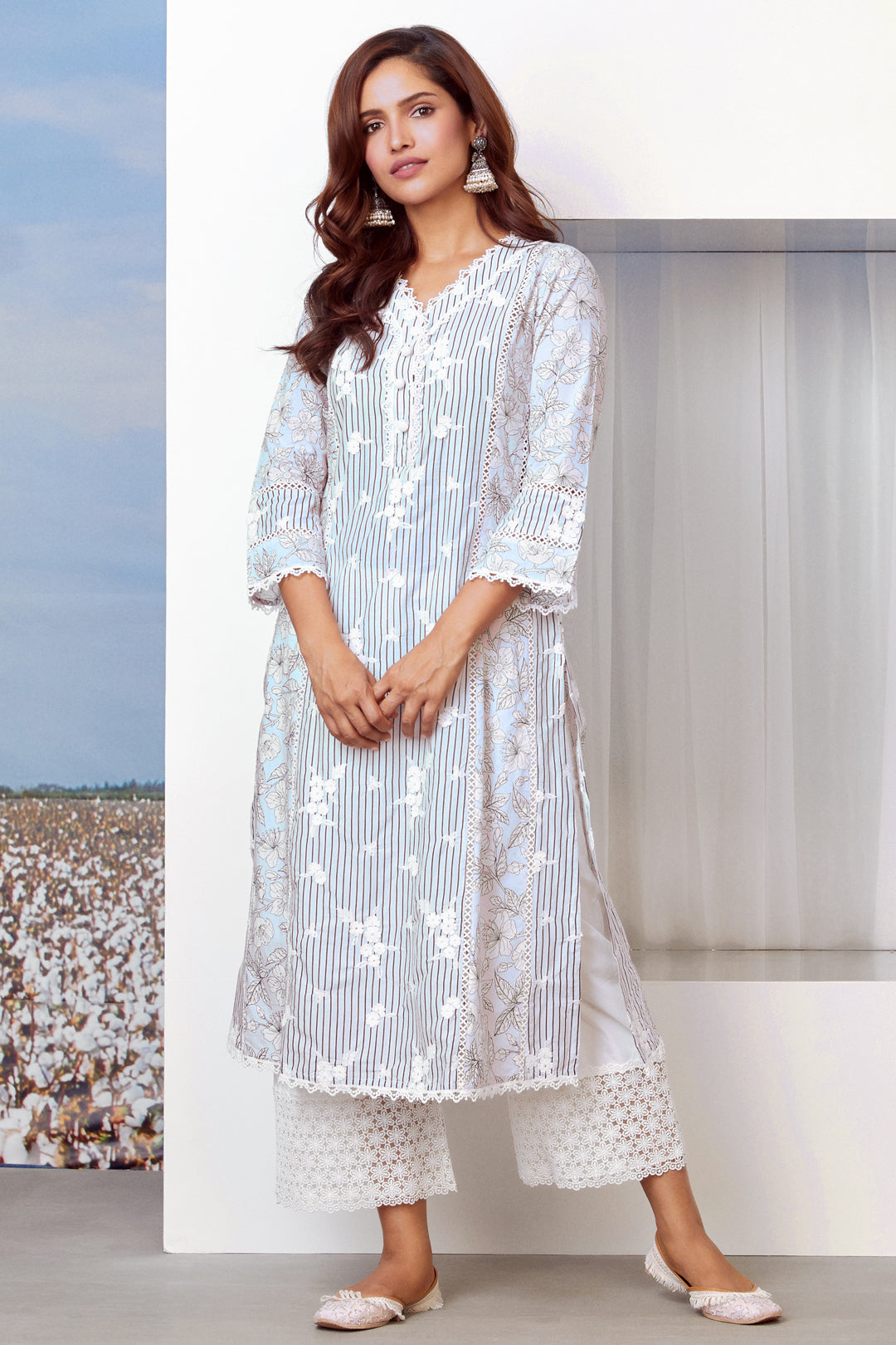 Carnaby Supima Cotton Light Blue Kurta with Palazzo Set