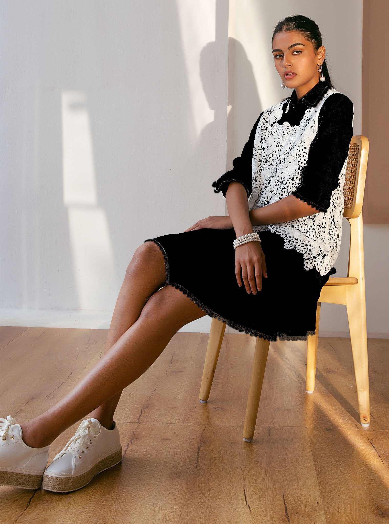 Celina Supima Cotton Black Dress with Guipure Layer