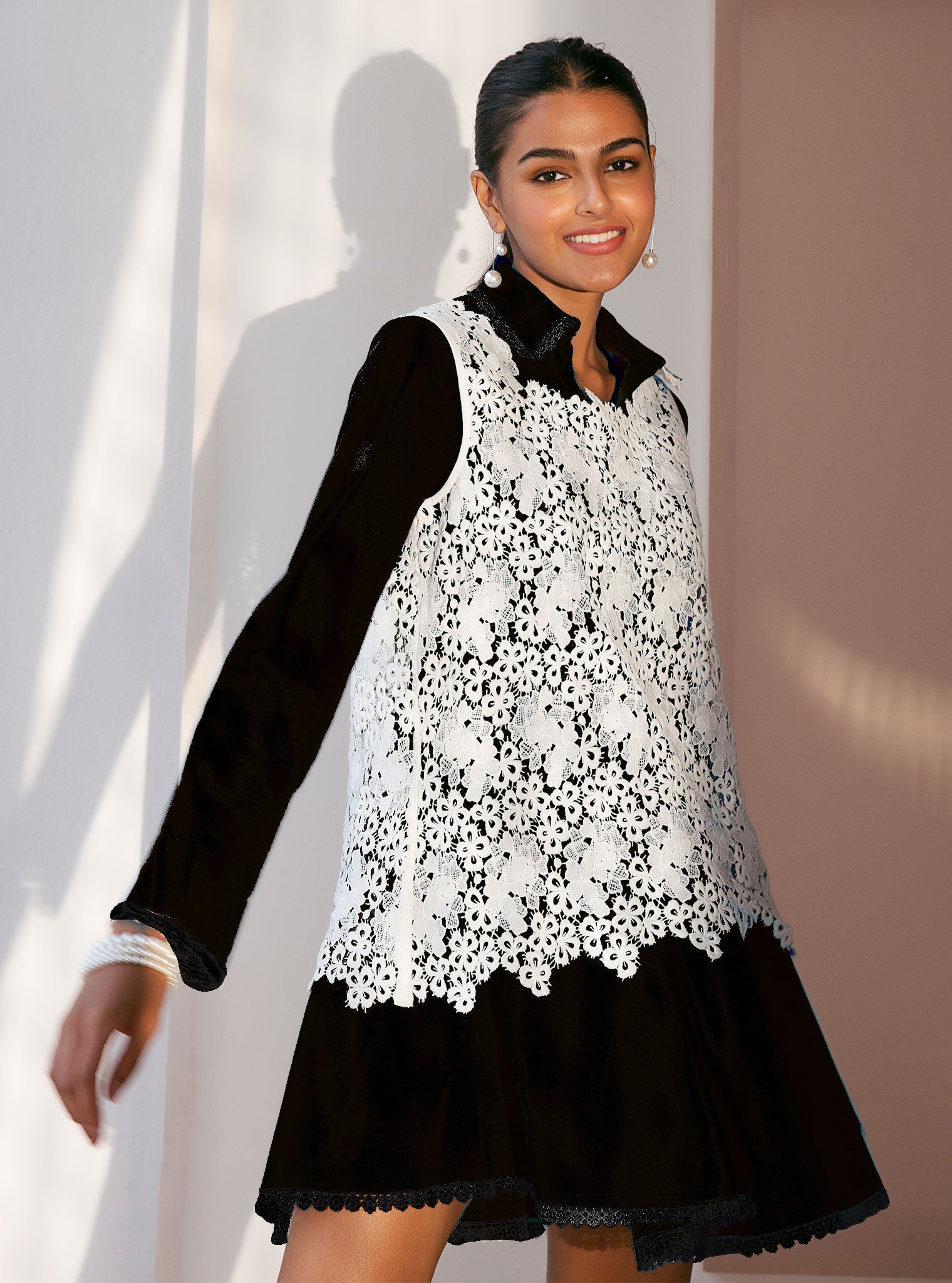 Celina Supima Cotton Black Dress with Guipure Layer