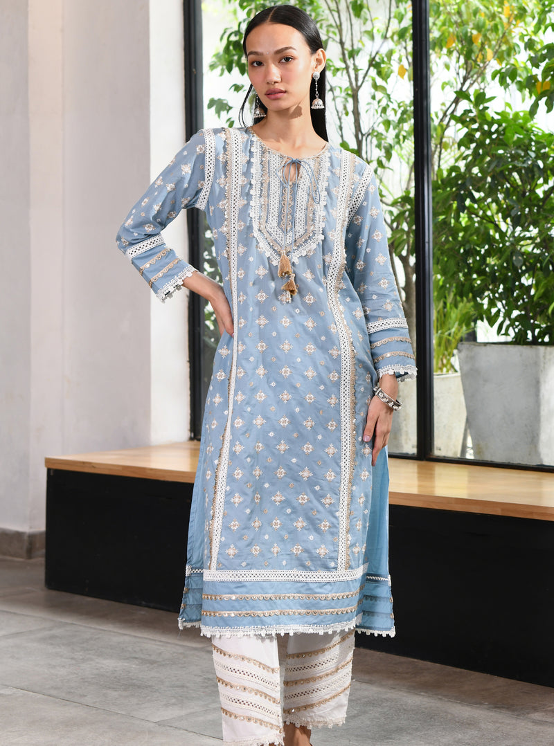 Mulmul Supima Cotton Corey Kurta Teal