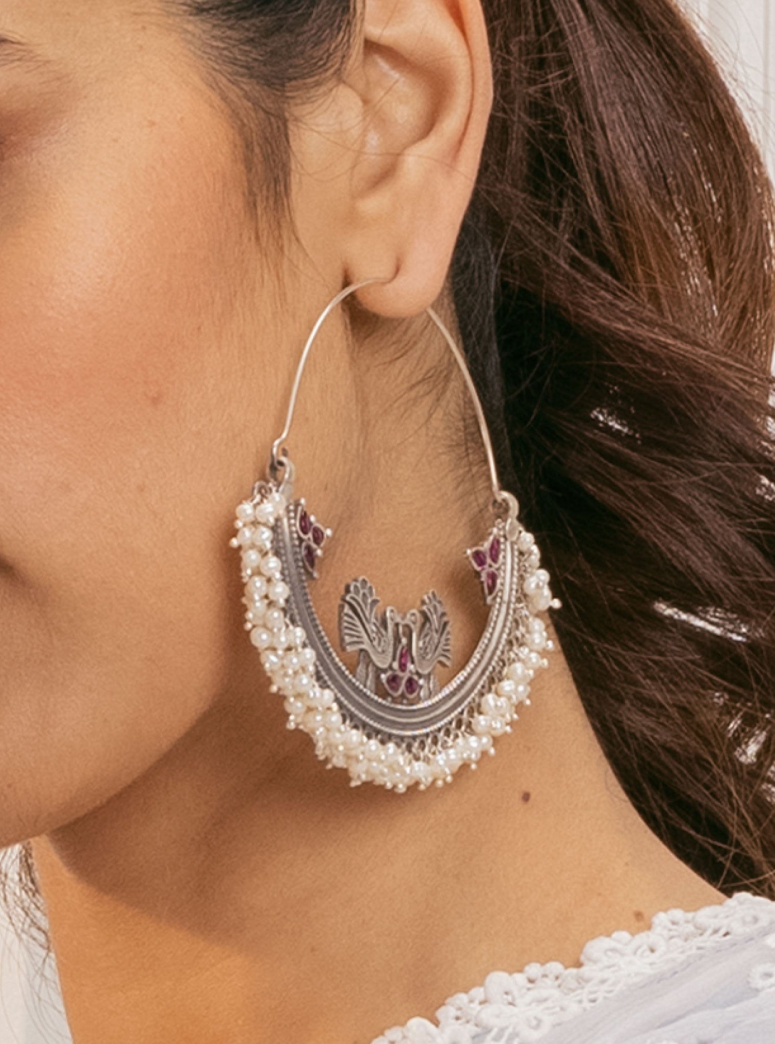 Pure Silver Crecsant Pearl Chaand Baali