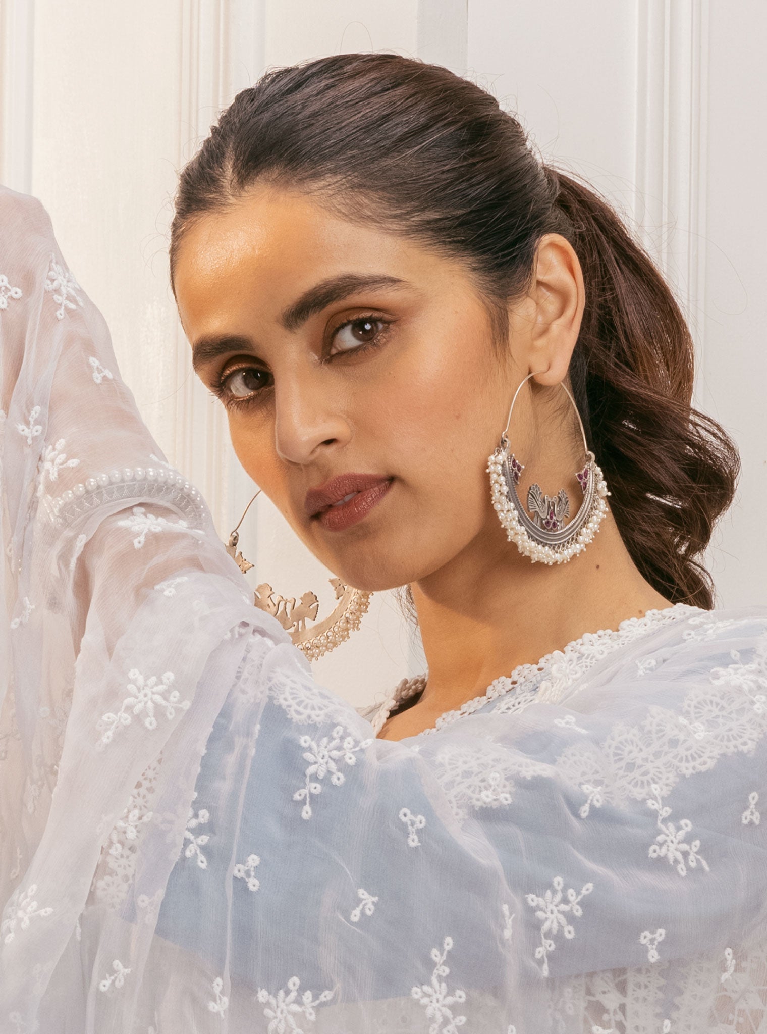 Pure Silver Crecsant Pearl Chaand Baali