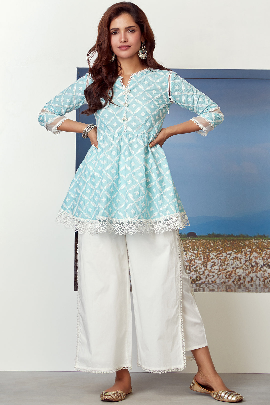 Mulmul Supima Cotton Dew Drop Turq Kurta