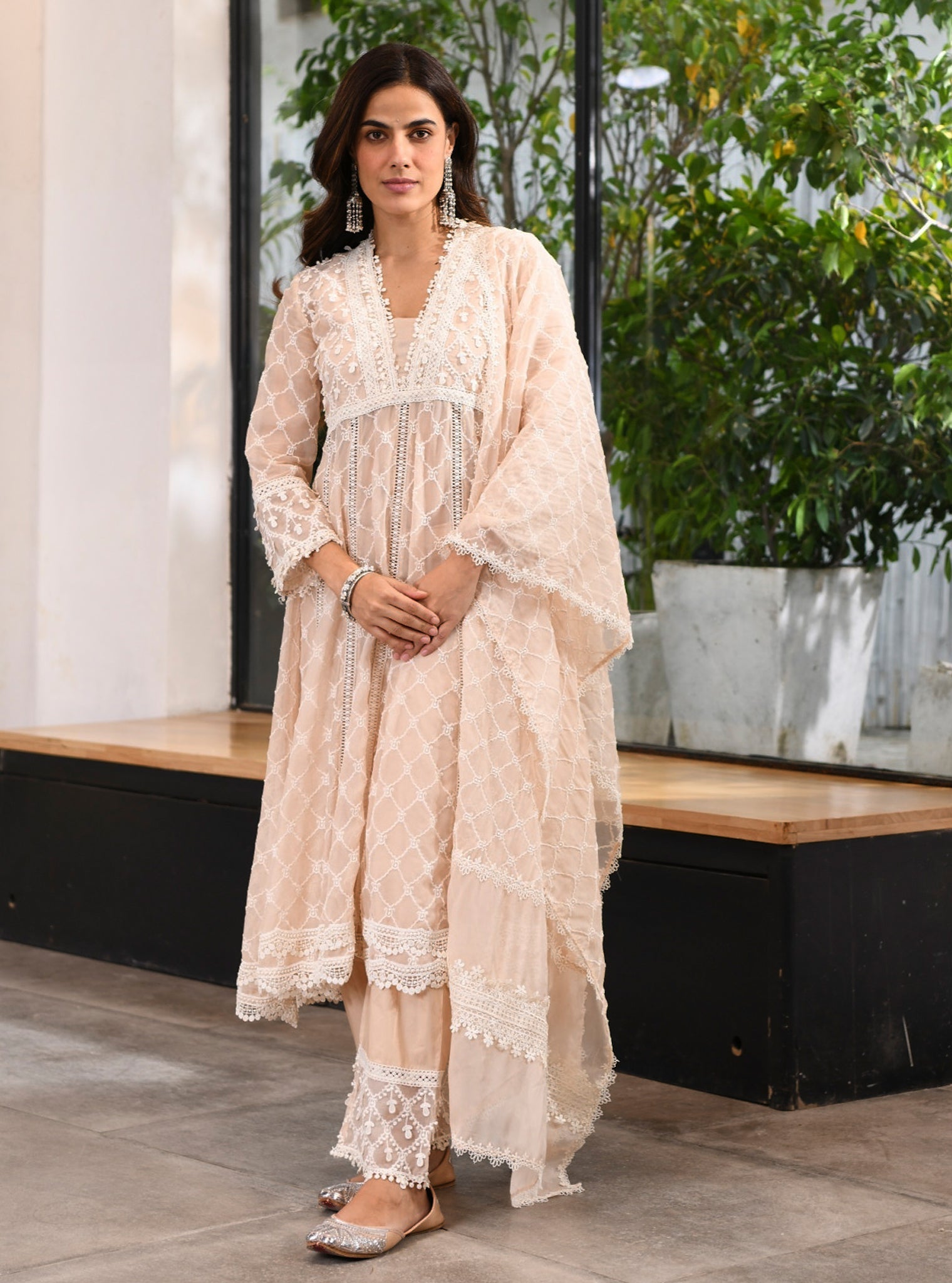 Dori Organza Beige Anarkali Kurta Set