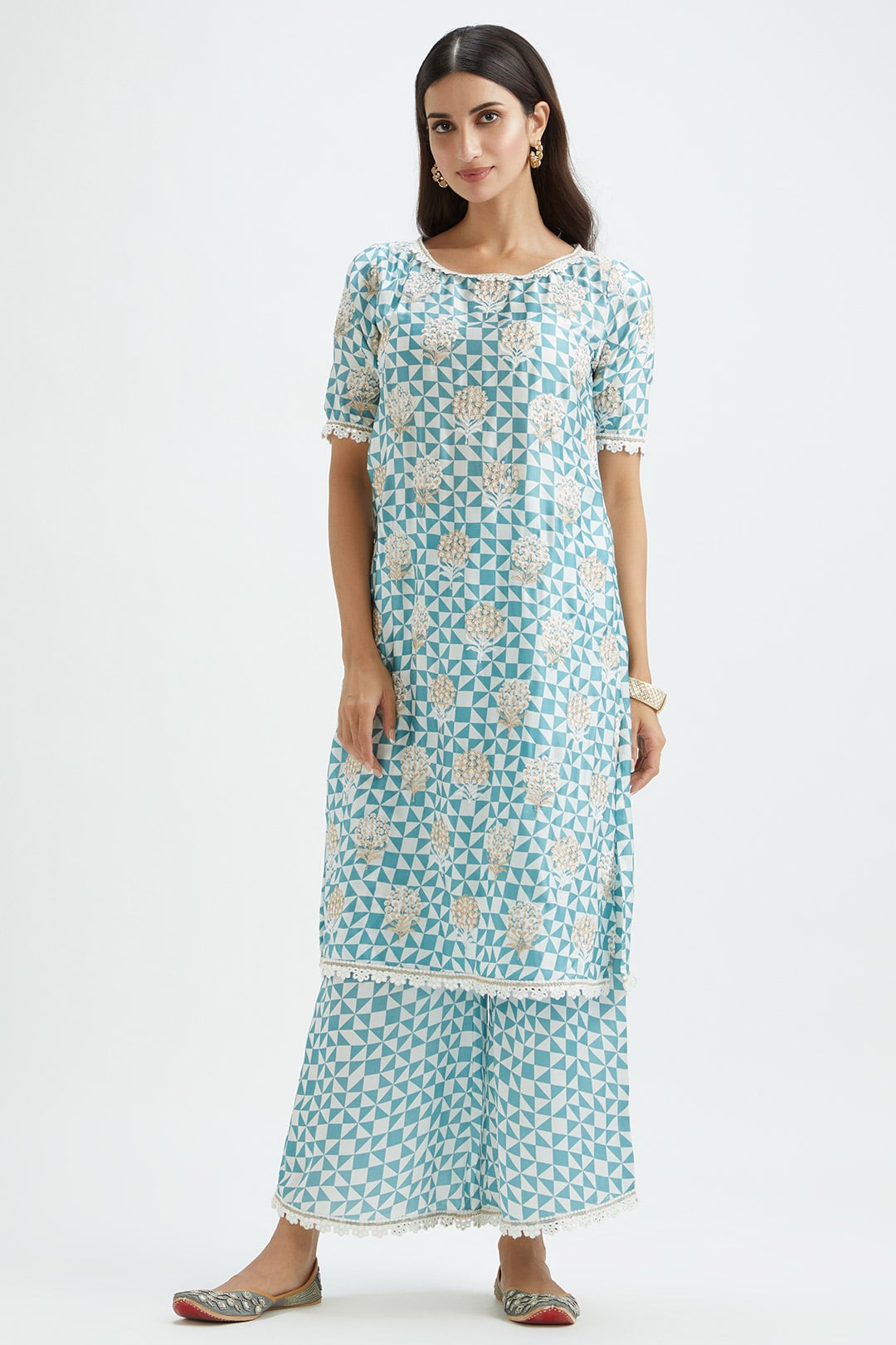 Dover Cupro Silk Teal Kurta Set