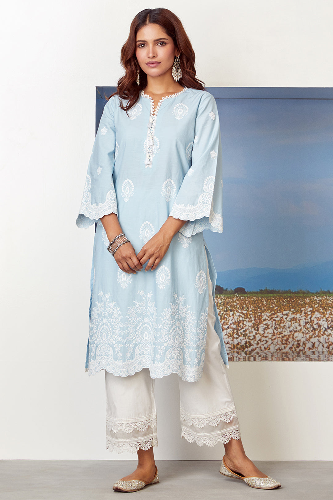 Dreamscape Supima Cotton Light Blue Kurta with Palazzo Set
