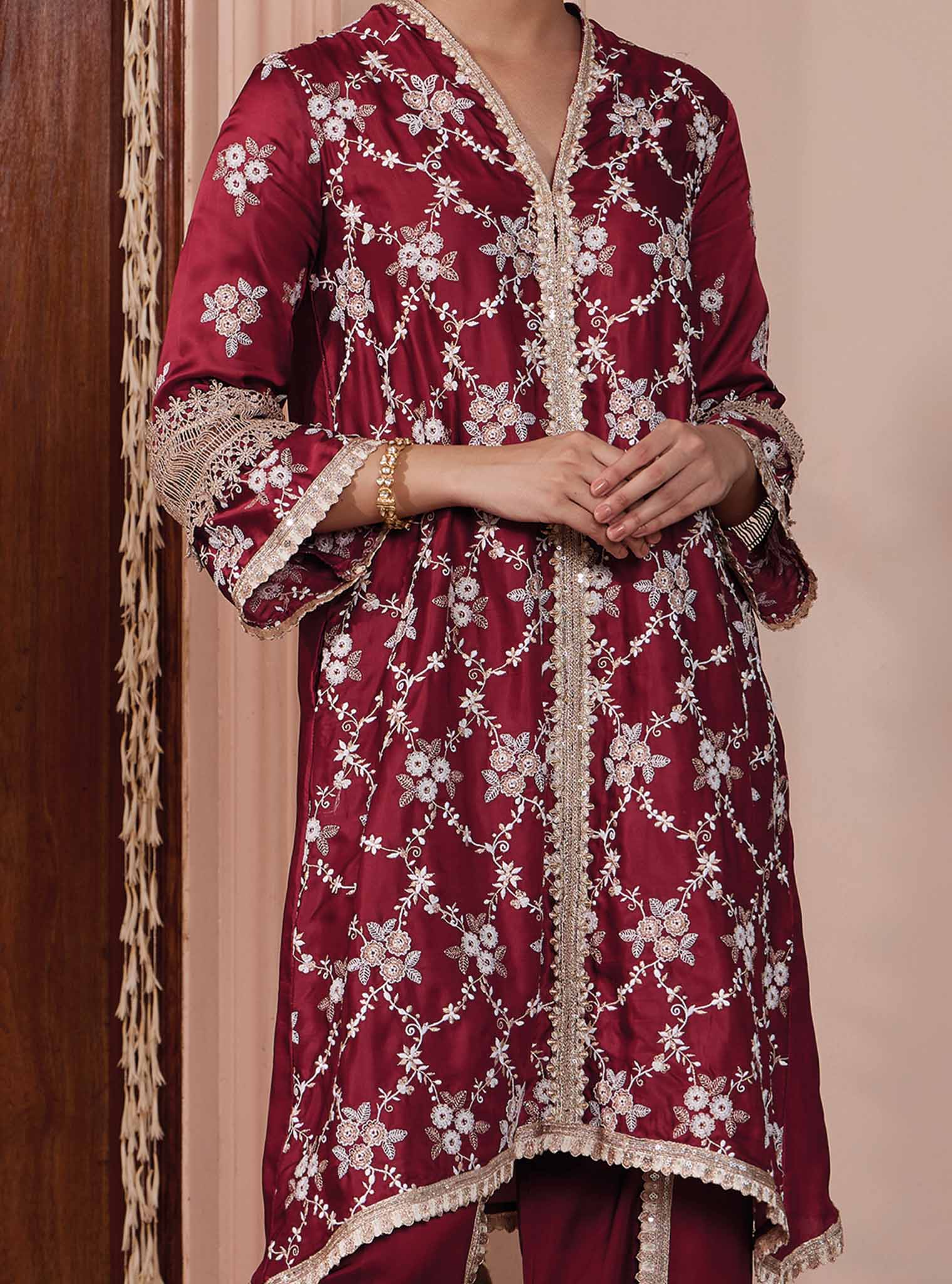 Dvija Cupro Wine Kurta Set