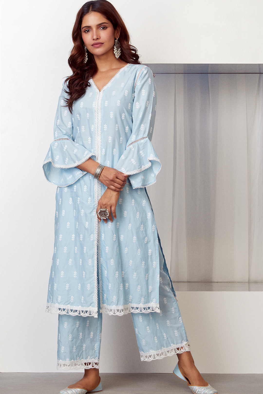 Escapade Supima Cotton Light Blue Kurta with Palazzo Set